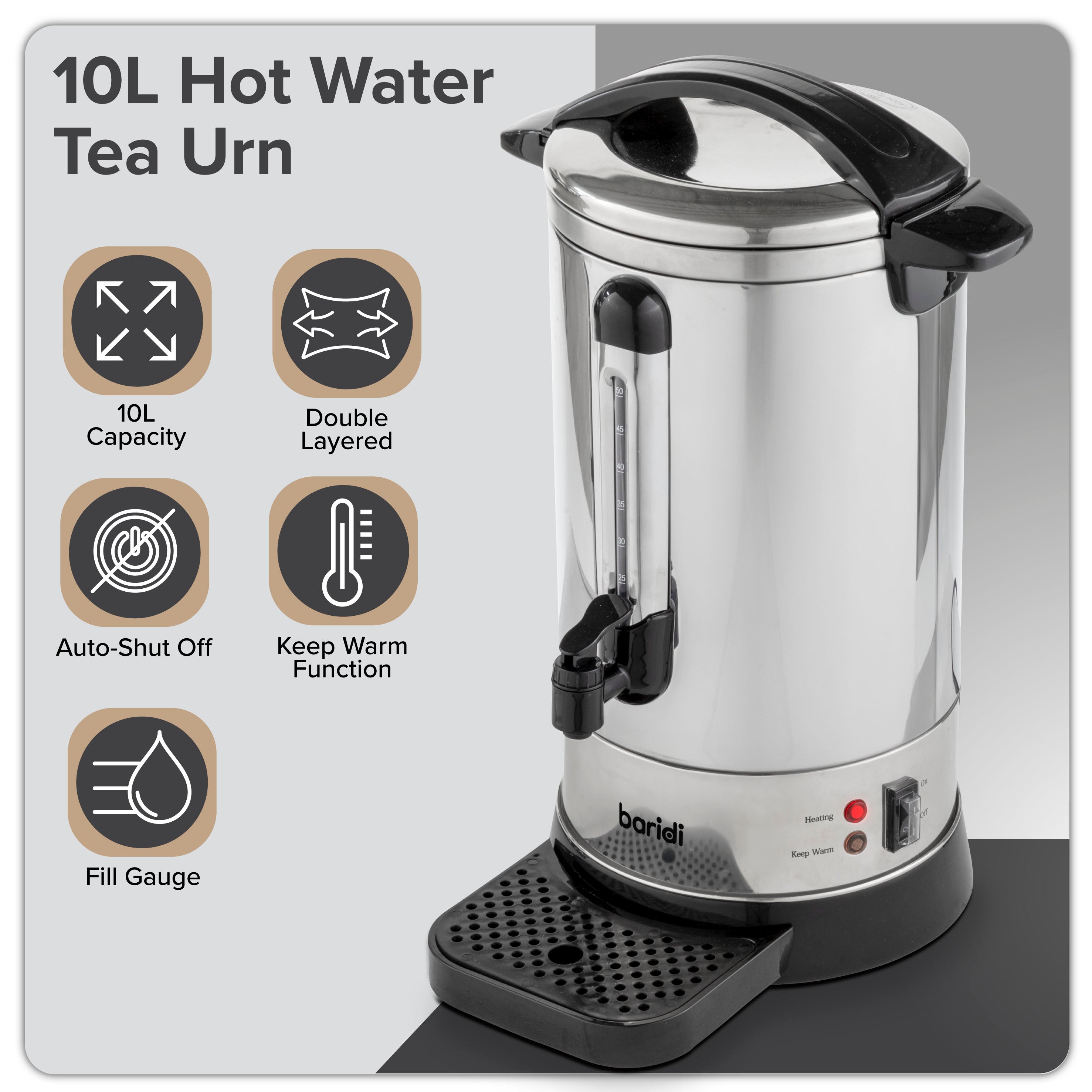 Baridi 10L Hot Water Boiler, Tea Urn with Drip Tray, Keep Warm Function - Stainless Steel - DH269