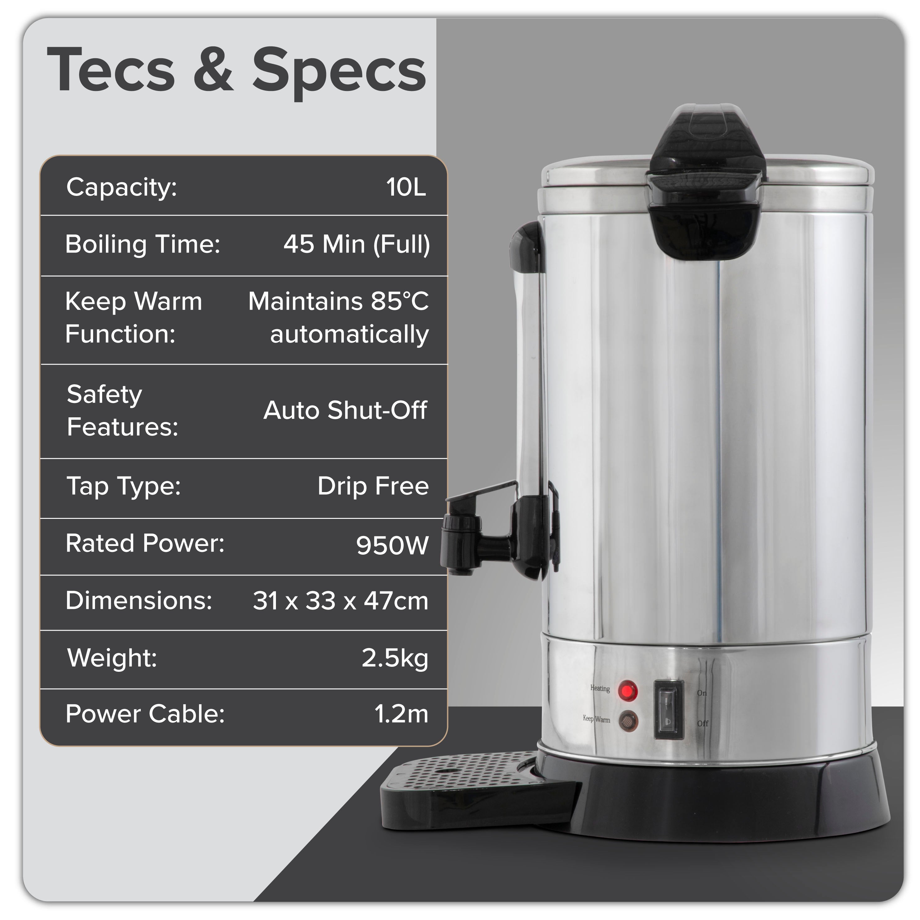 Baridi 10L Hot Water Boiler, Tea Urn with Drip Tray, Keep Warm Function - Stainless Steel - DH269