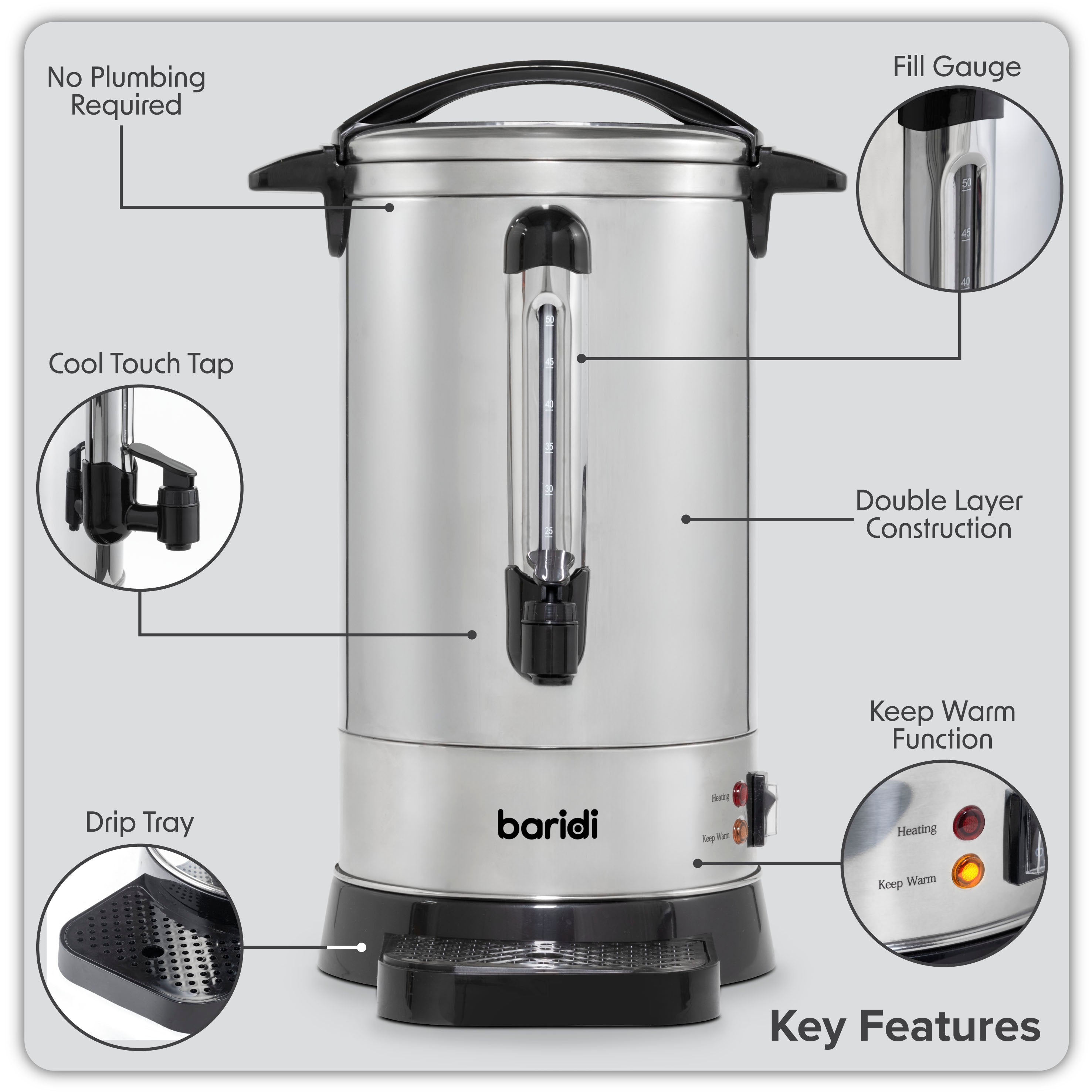 Baridi 10L Hot Water Boiler, Tea Urn with Drip Tray, Keep Warm Function - Stainless Steel - DH269