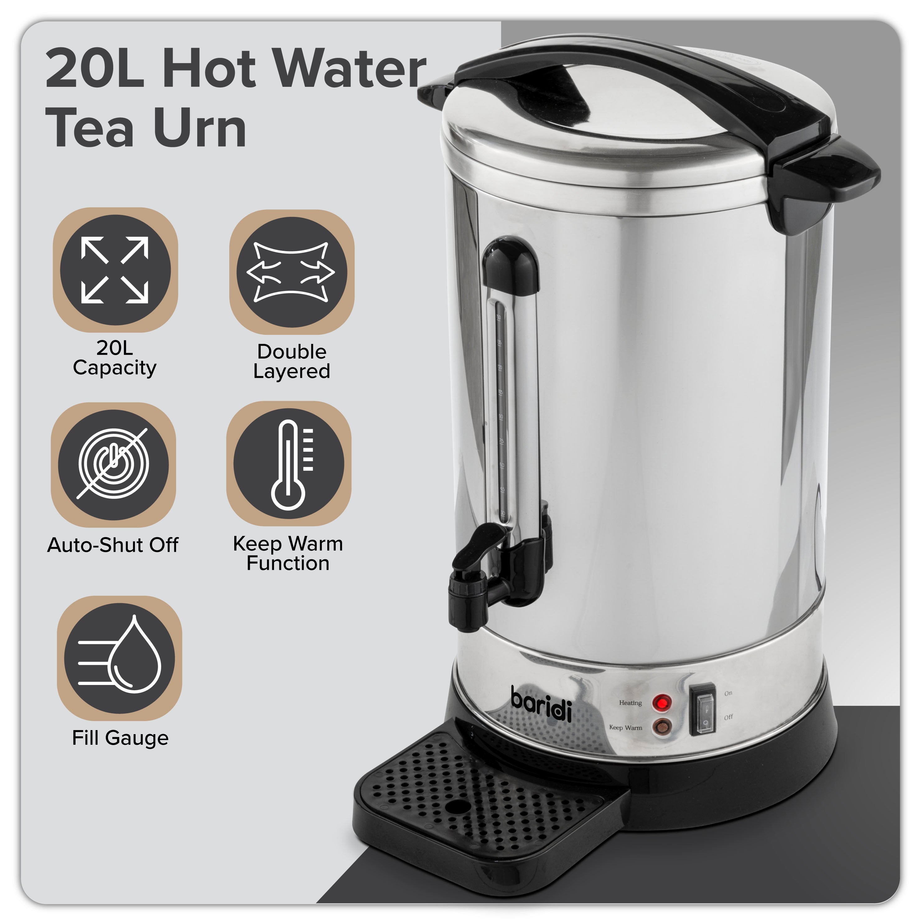 Baridi 20L Hot Water Boiler, Tea Urn with Drip Tray, Keep Warm Function - Stainless Steel - DH270