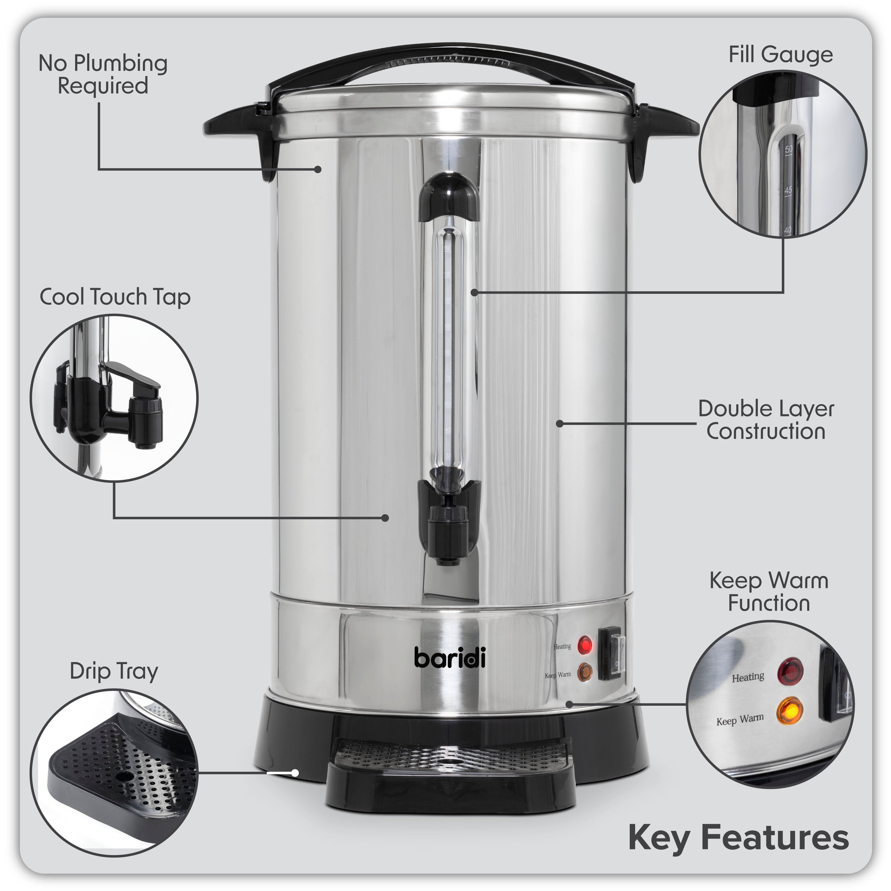 Baridi 20L Hot Water Boiler, Tea Urn with Drip Tray, Keep Warm Function - Stainless Steel - DH270