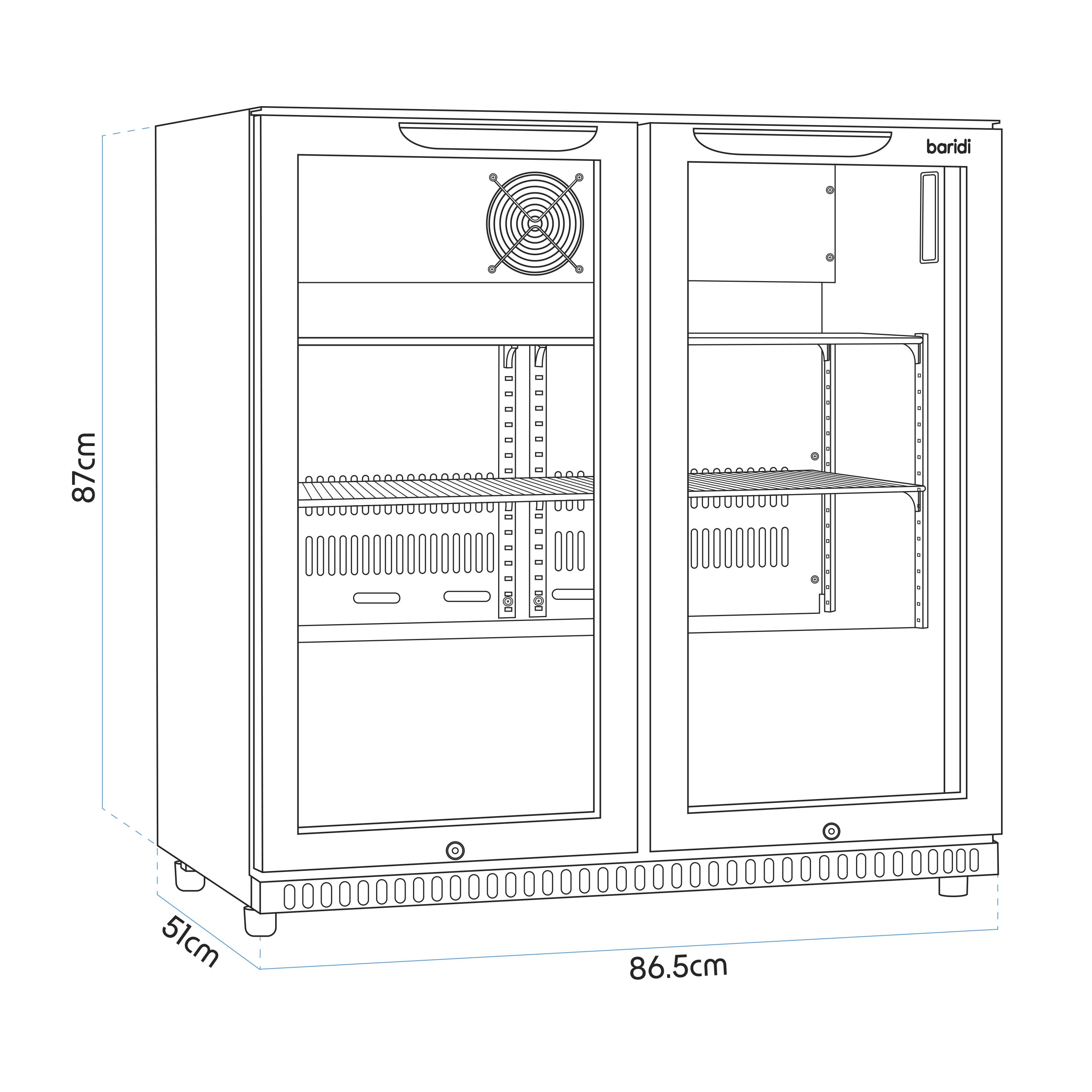 Baridi Back Bar Drinks Fridge with Hinged Double Door, 190L Capacity - DH272