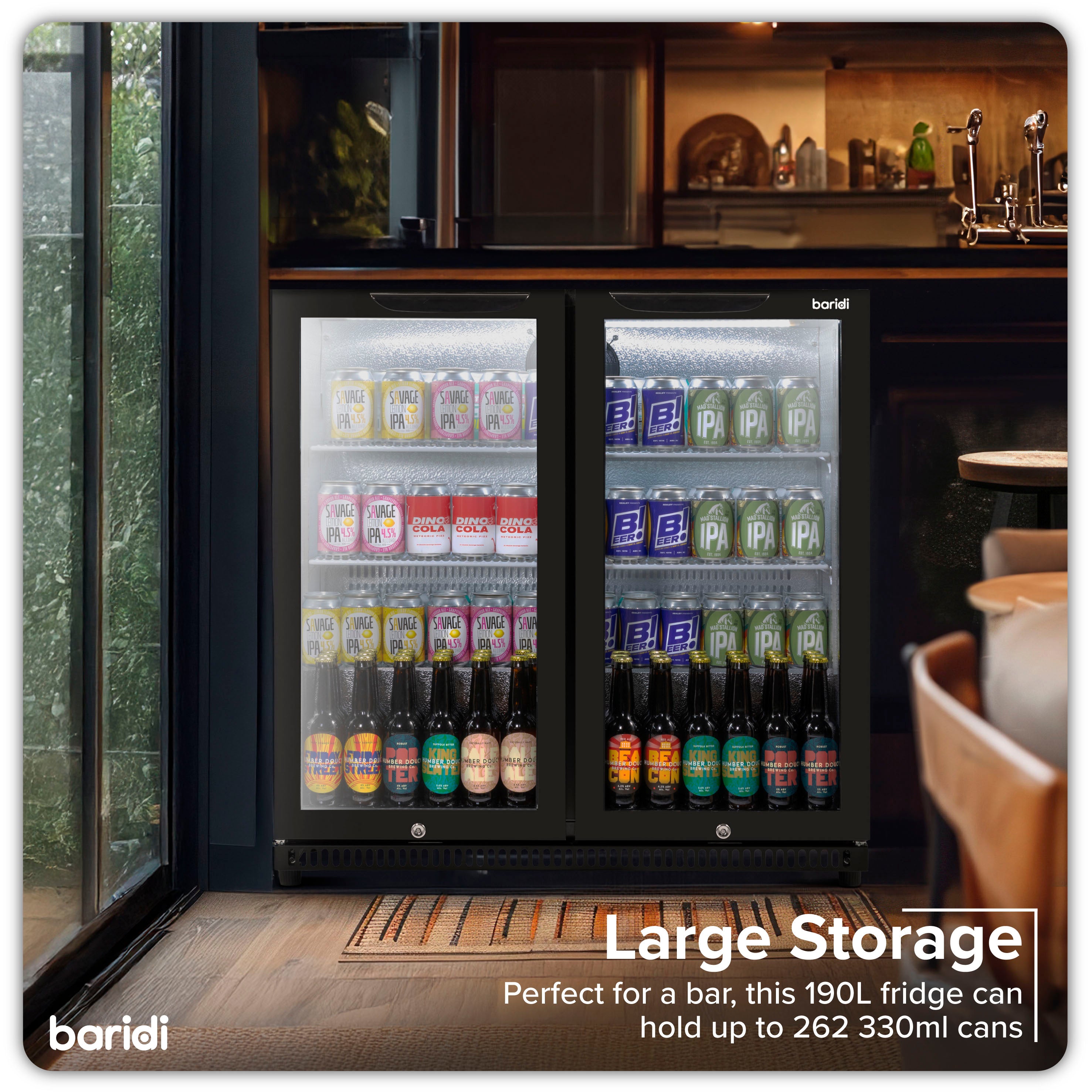 Baridi Back Bar Drinks Fridge with Hinged Double Door, 190L Capacity - DH272