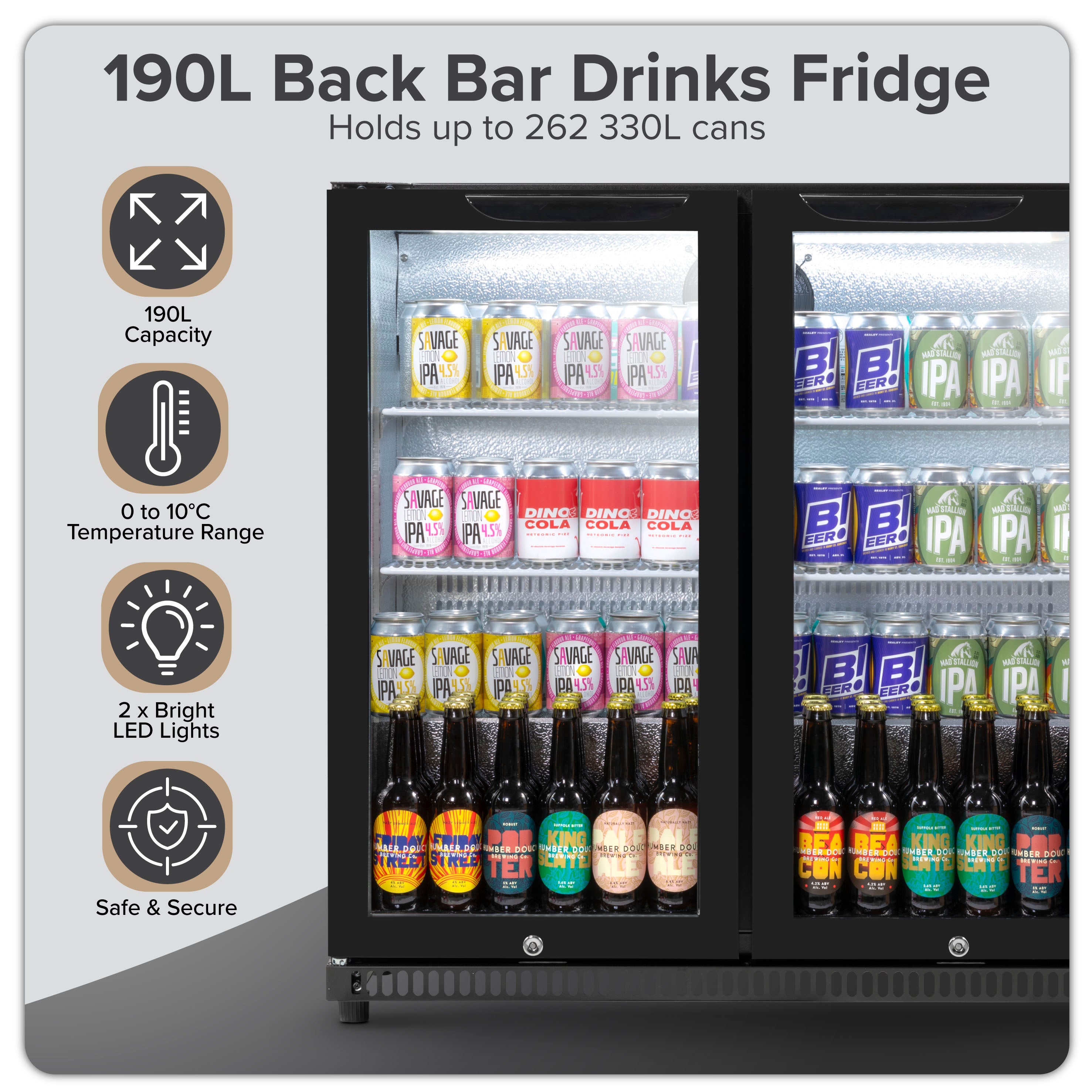 Baridi Back Bar Drinks Fridge with Hinged Double Door, 190L Capacity - DH272