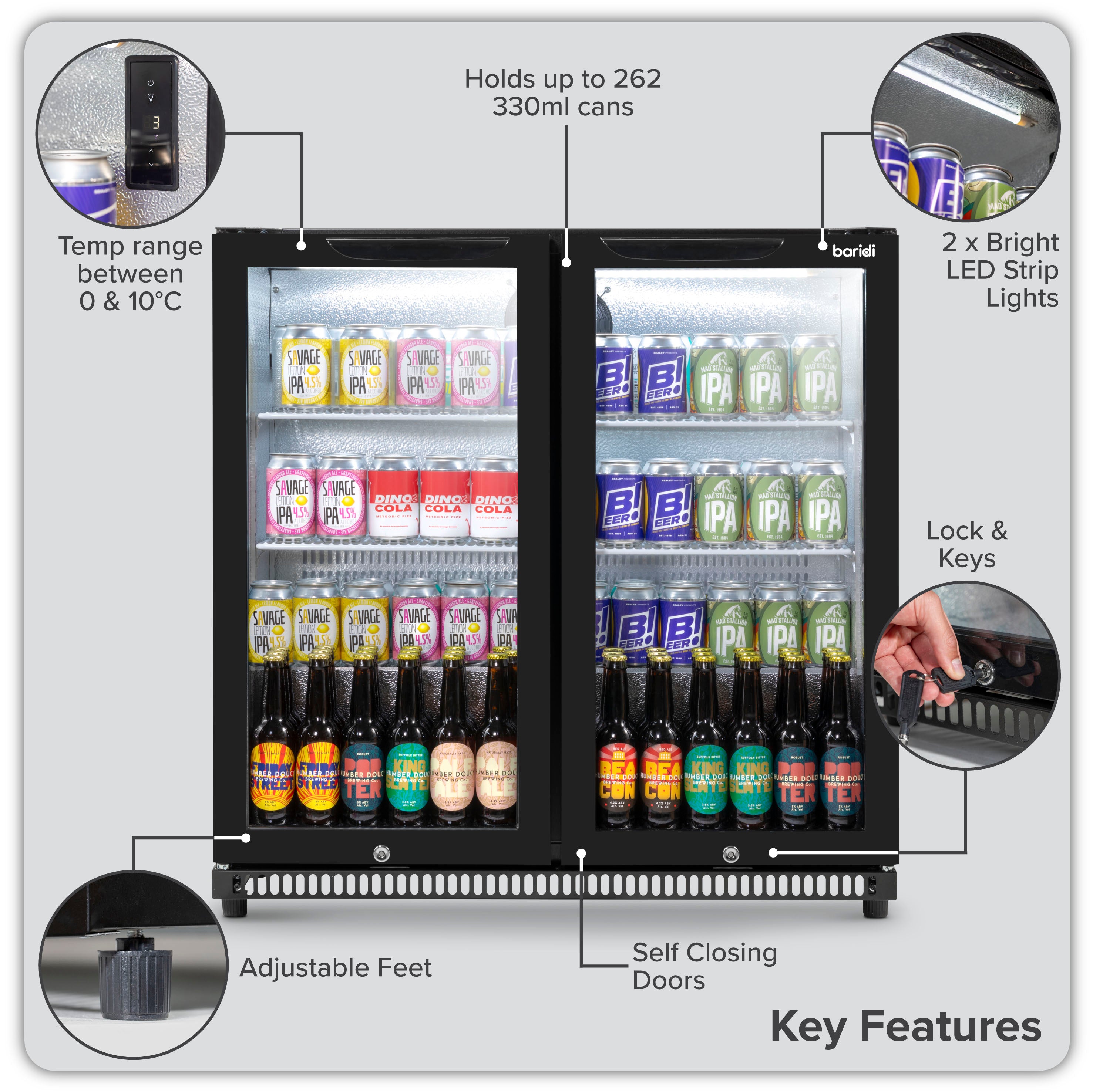 Baridi Back Bar Drinks Fridge with Hinged Double Door, 190L Capacity - DH272