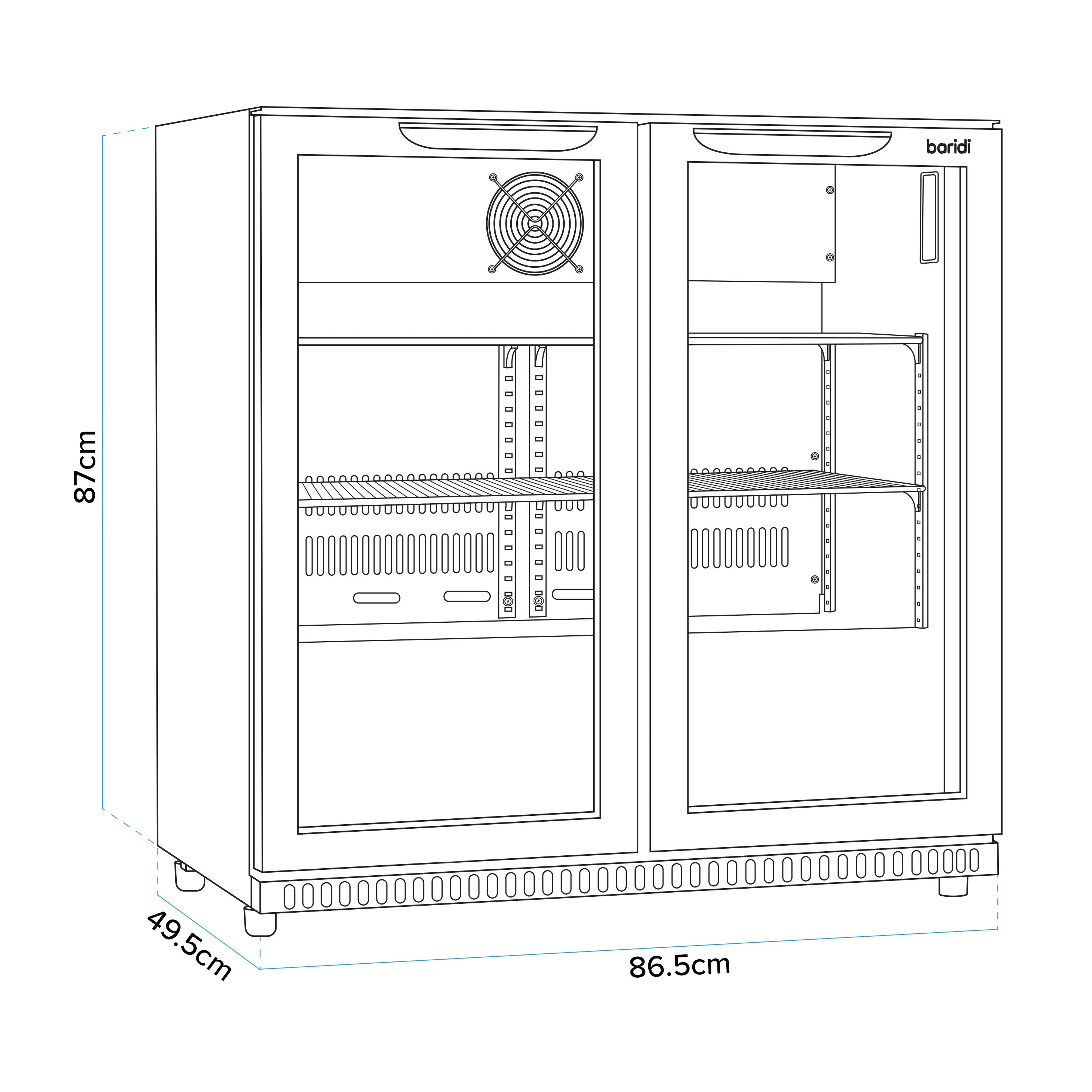 Baridi Back Bar Drinks Fridge/Cooler with Double Sliding Doors, 190L Capacity, Black - DH273