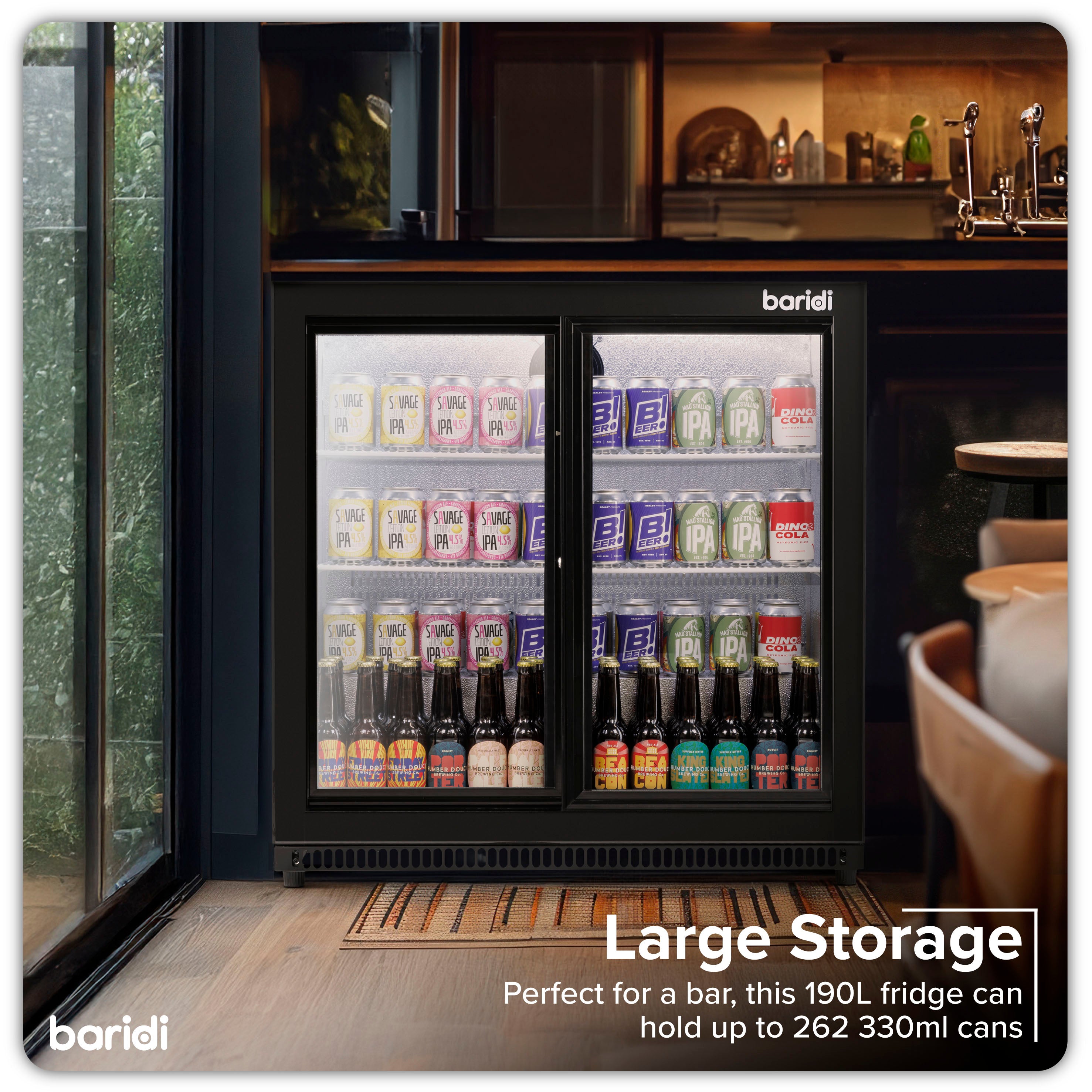 Baridi Back Bar Drinks Fridge/Cooler with Double Sliding Doors, 190L Capacity, Black - DH273