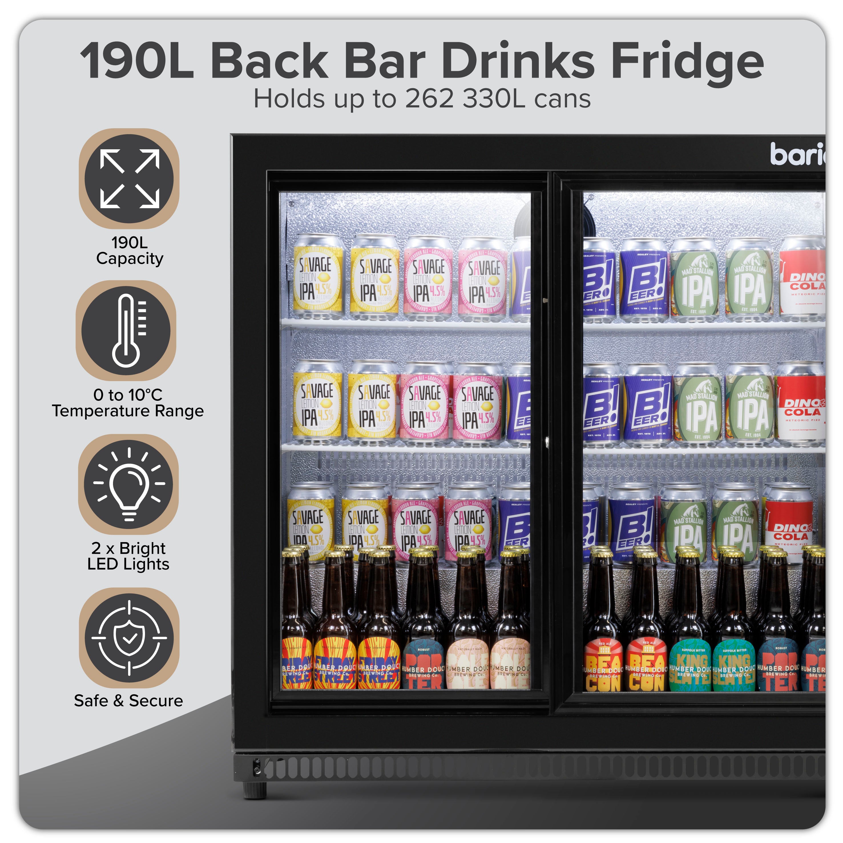 Baridi Back Bar Drinks Fridge/Cooler with Double Sliding Doors, 190L Capacity, Black - DH273