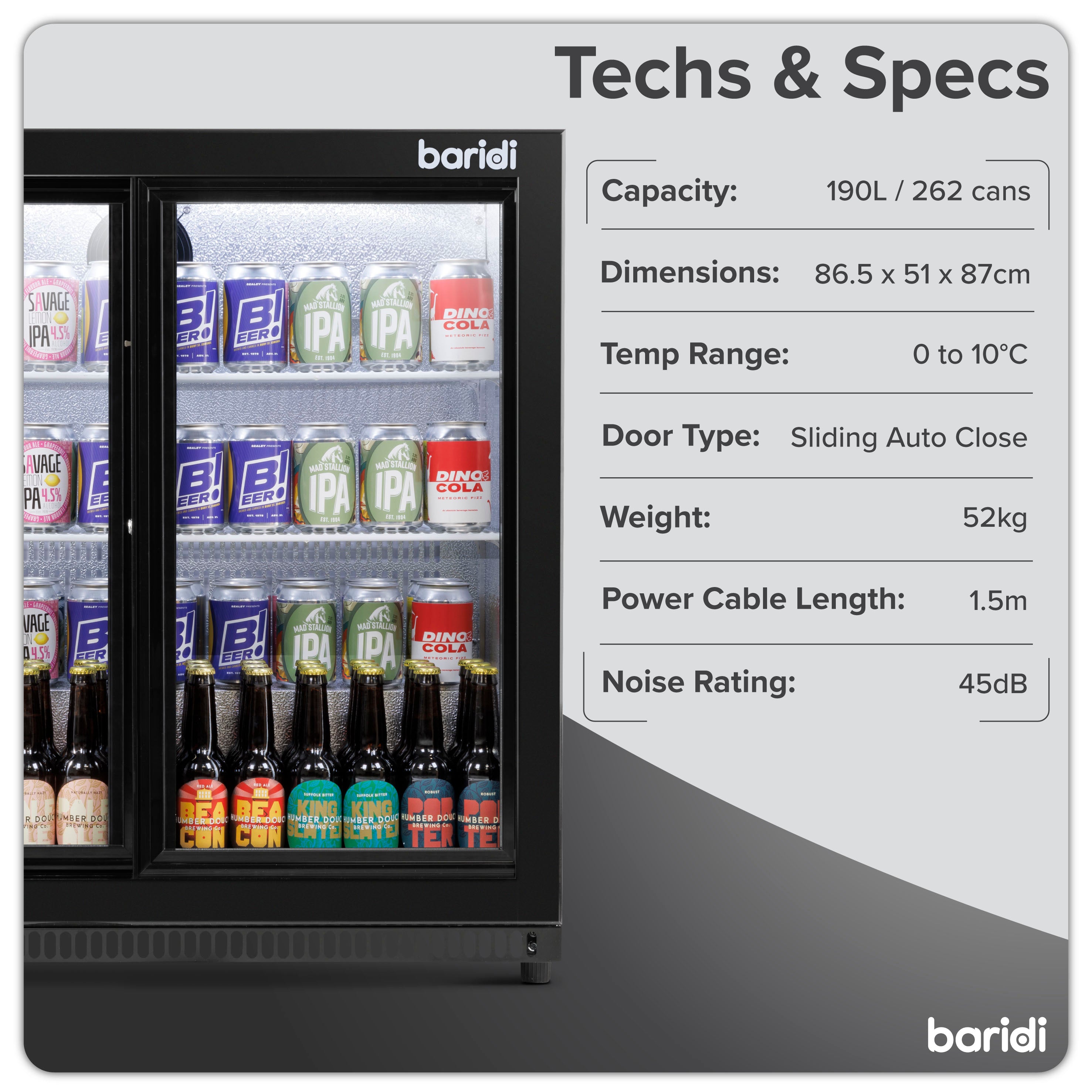 Baridi Back Bar Drinks Fridge/Cooler with Double Sliding Doors, 190L Capacity, Black - DH273