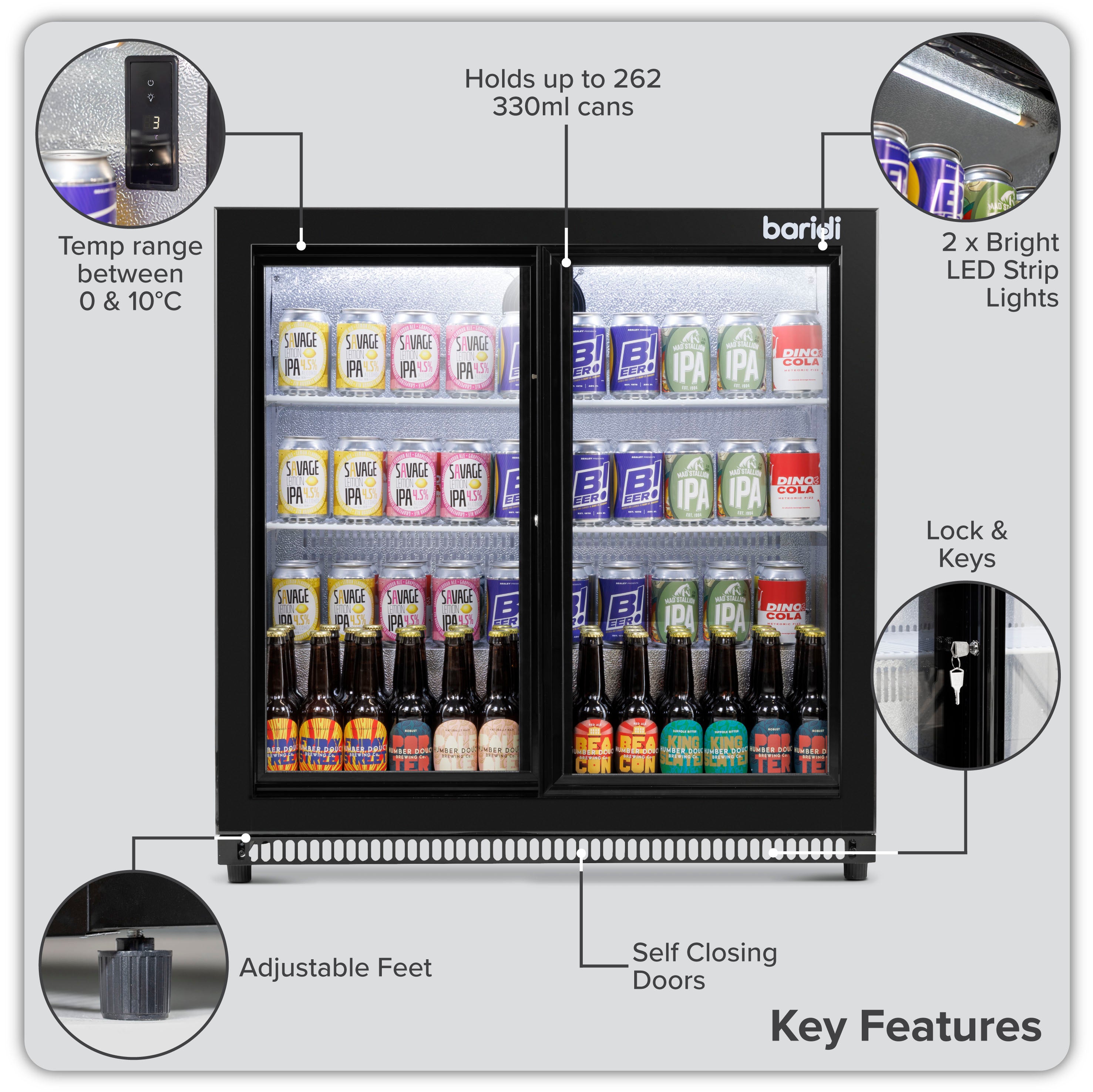 Baridi Back Bar Drinks Fridge/Cooler with Double Sliding Doors, 190L Capacity, Black - DH273