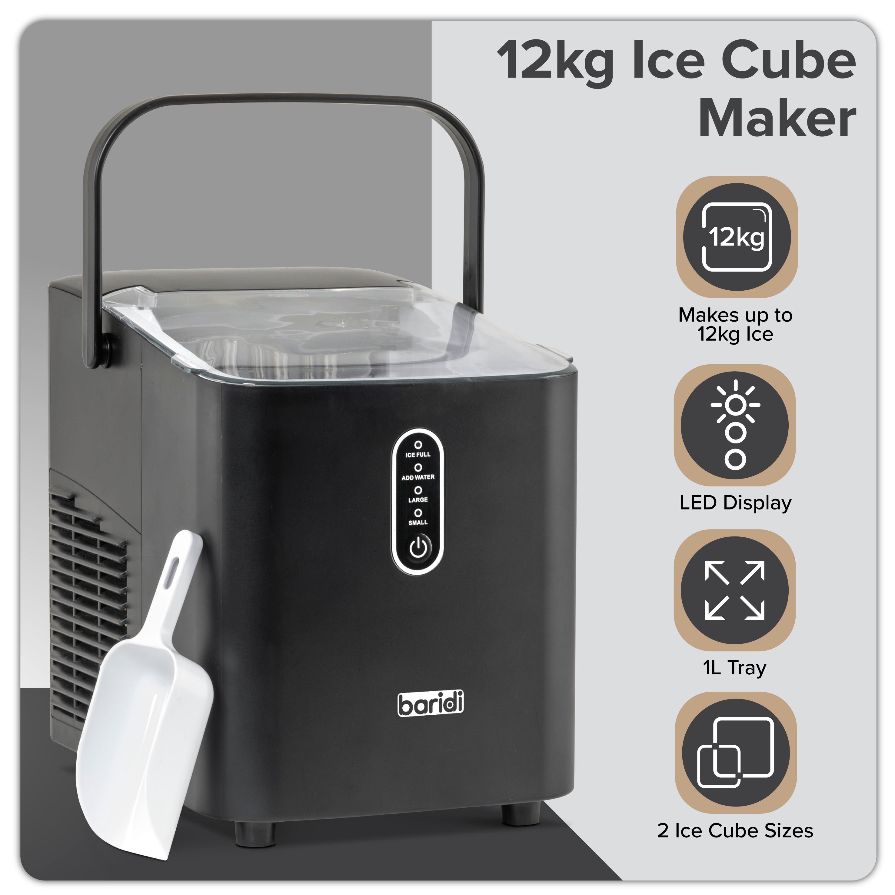 Baridi Ice Cube Maker 12kg in 24hr Electric with LED Display & 10 Minute Freeze - DH52