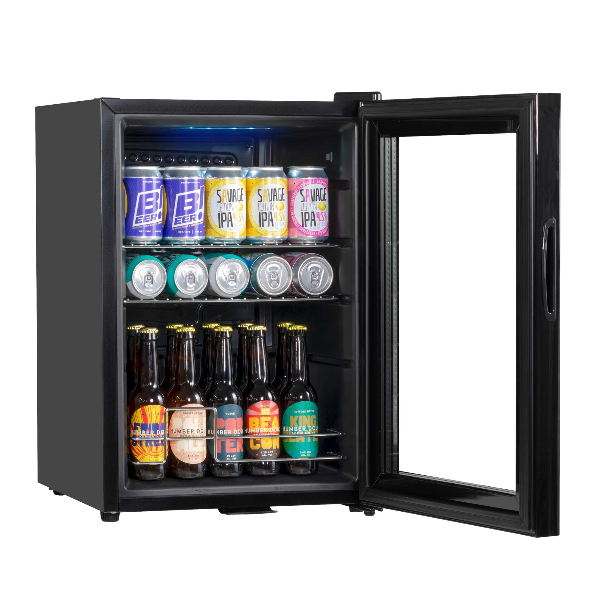 Baridi 60L Beer & Drinks Fridge with LED Light, Black and Glass Door - DH62