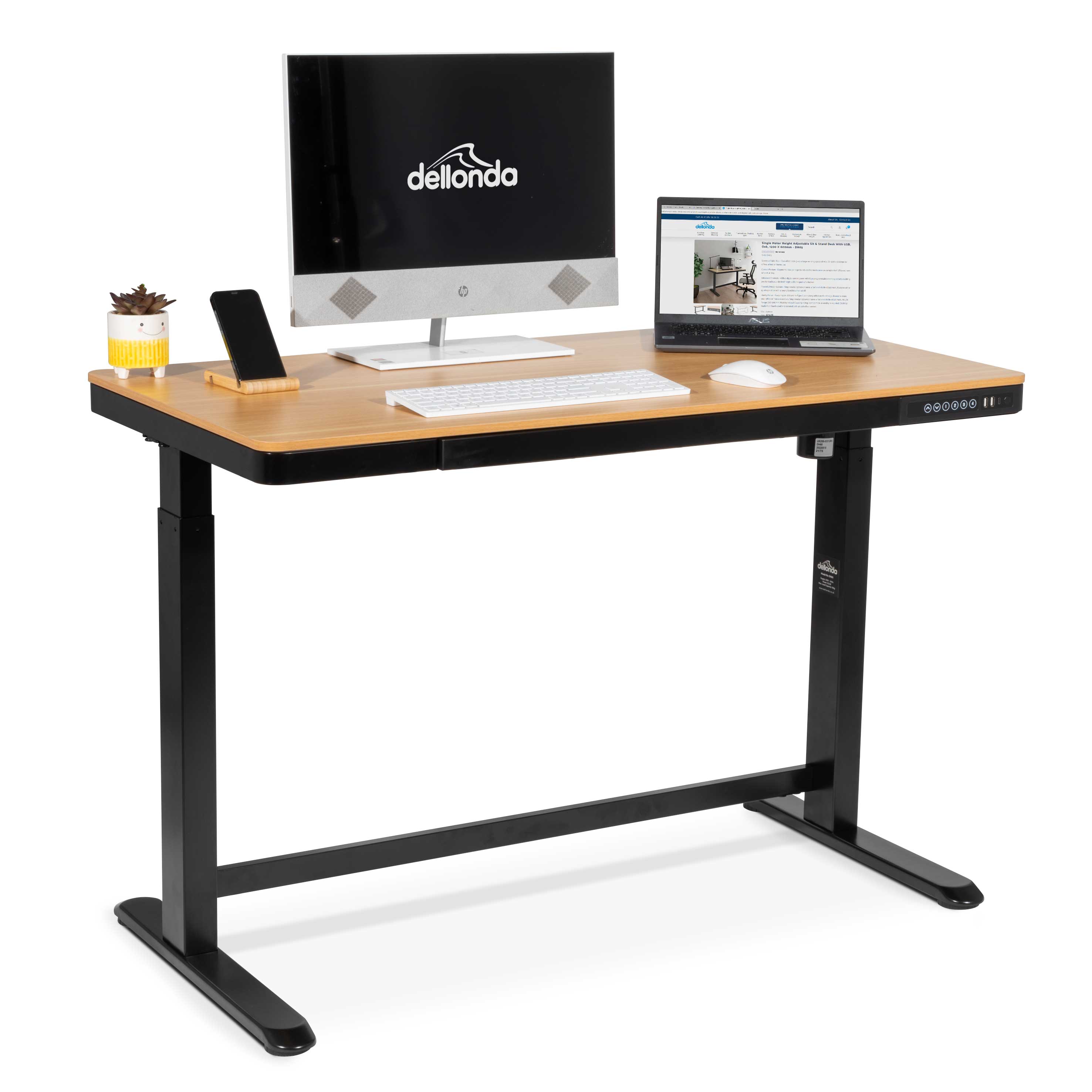 Single Motor Ultra-Quiet Electric Desk with Control Panel, USB Port & Drawer - Oak Desktop