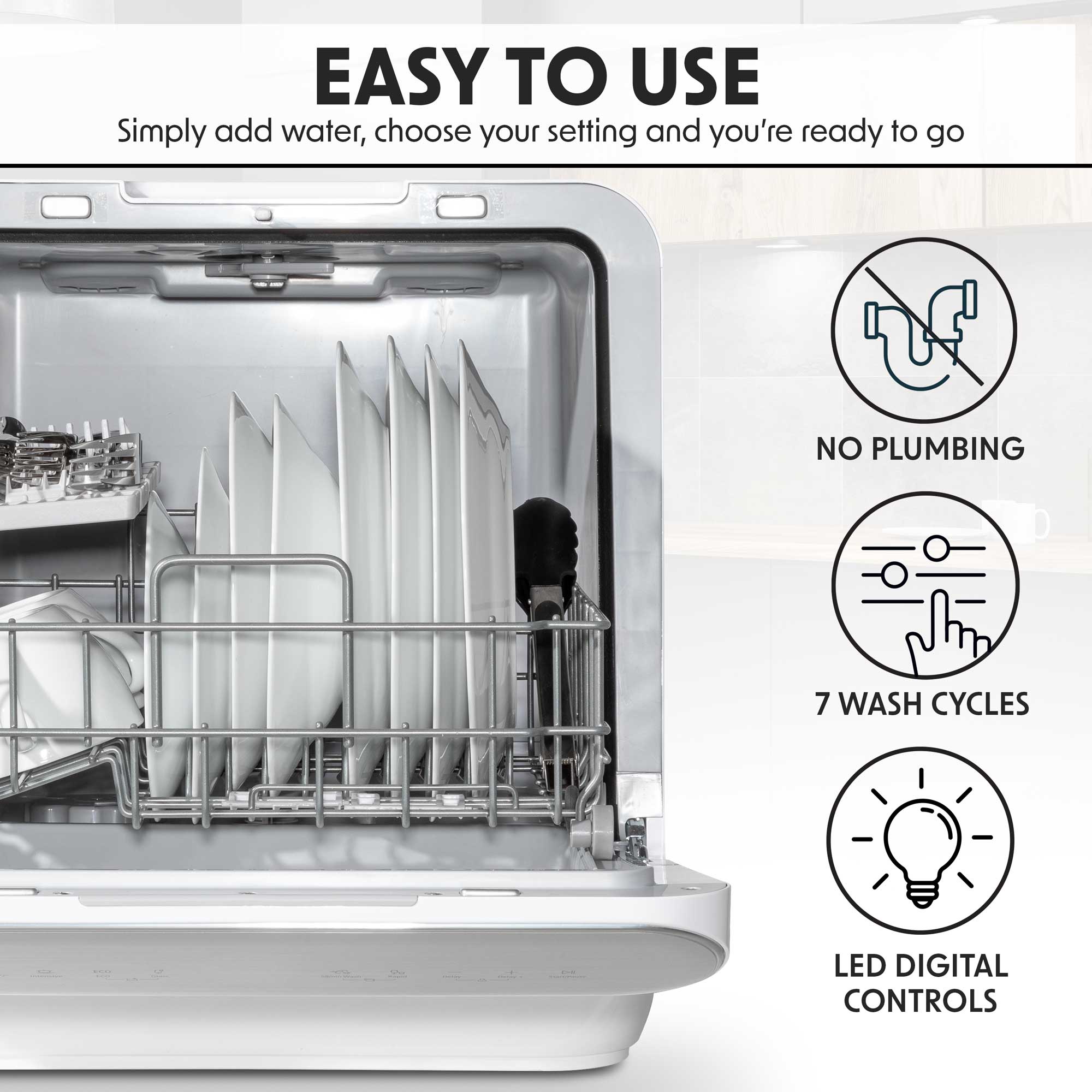 Baridi Mini Portable Tabletop 6L Dishwasher with 3 Place Settings, 7 Wash Functions - DH72