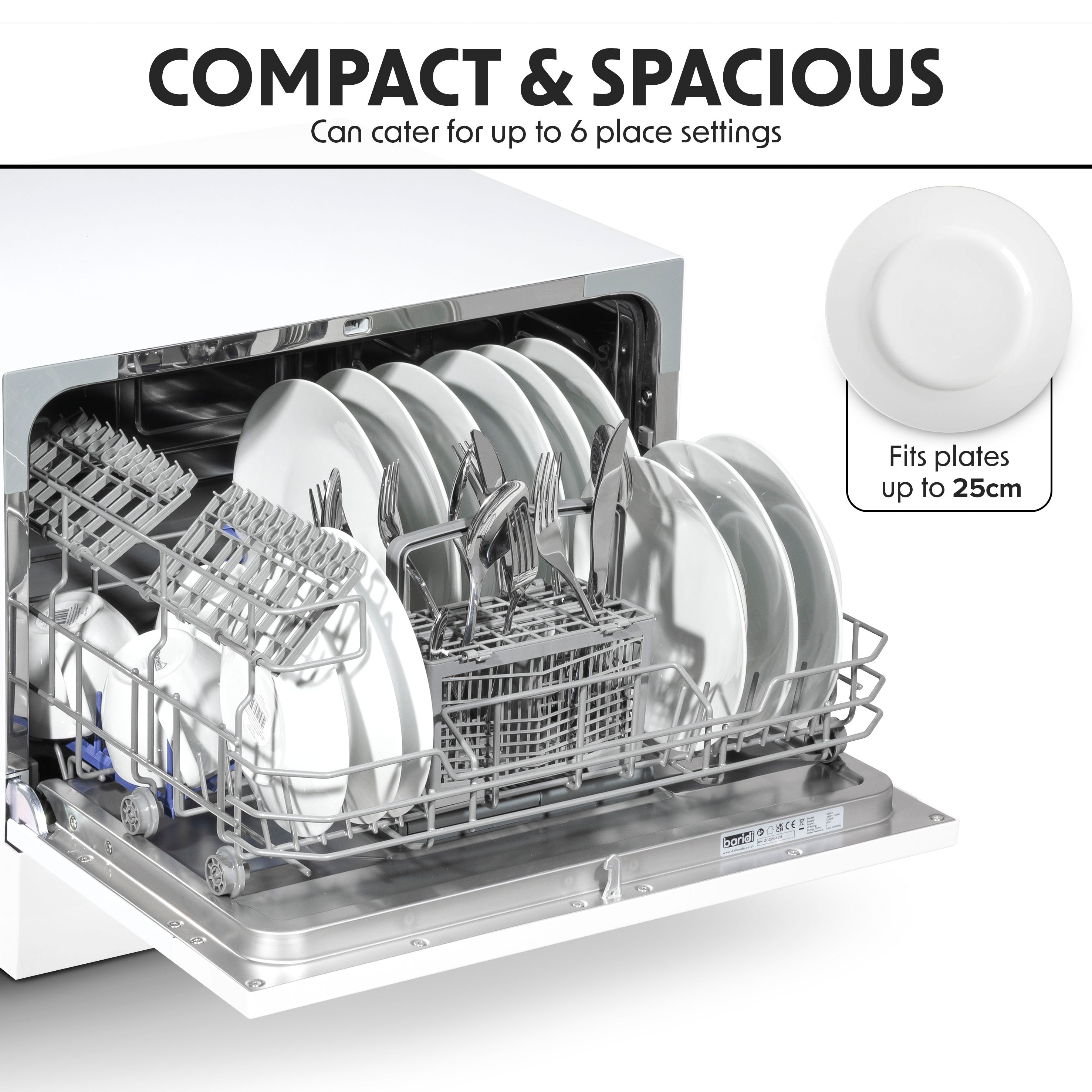 Baridi Compact Tabletop Dishwasher 6 Place Settings, 6 Programmes, Low Noise, 6.5L - White - DH83