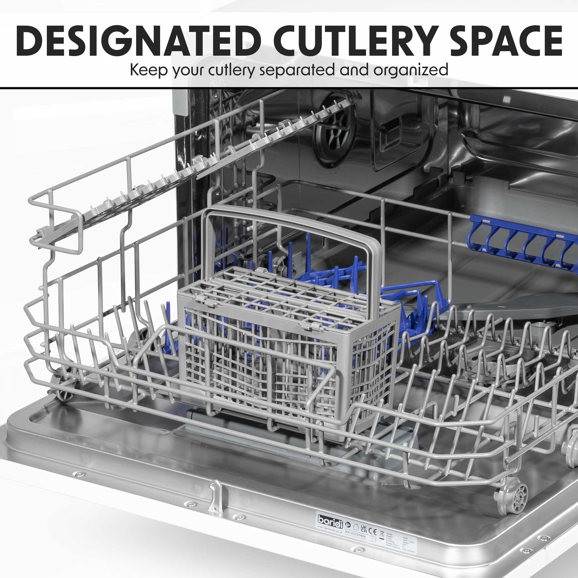 Baridi Compact Tabletop Dishwasher 6 Place Settings, 6 Programmes, Low Noise, 6.5L - White - DH83