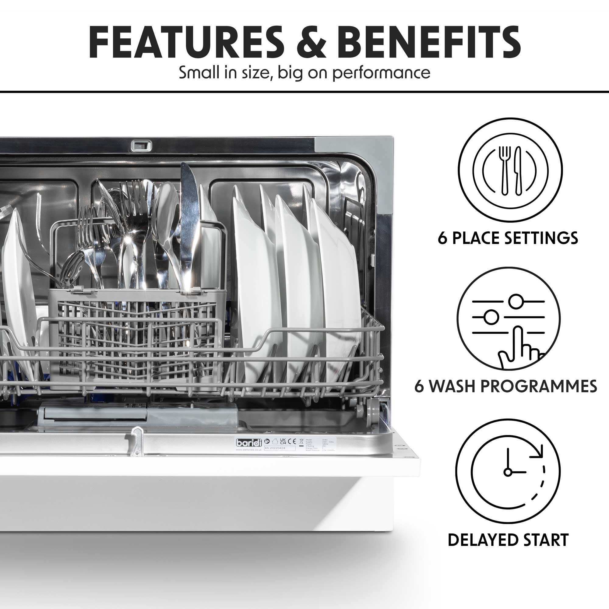 Baridi Compact Tabletop Dishwasher 6 Place Settings, 6 Programmes, Low Noise, 6.5L - White - DH83