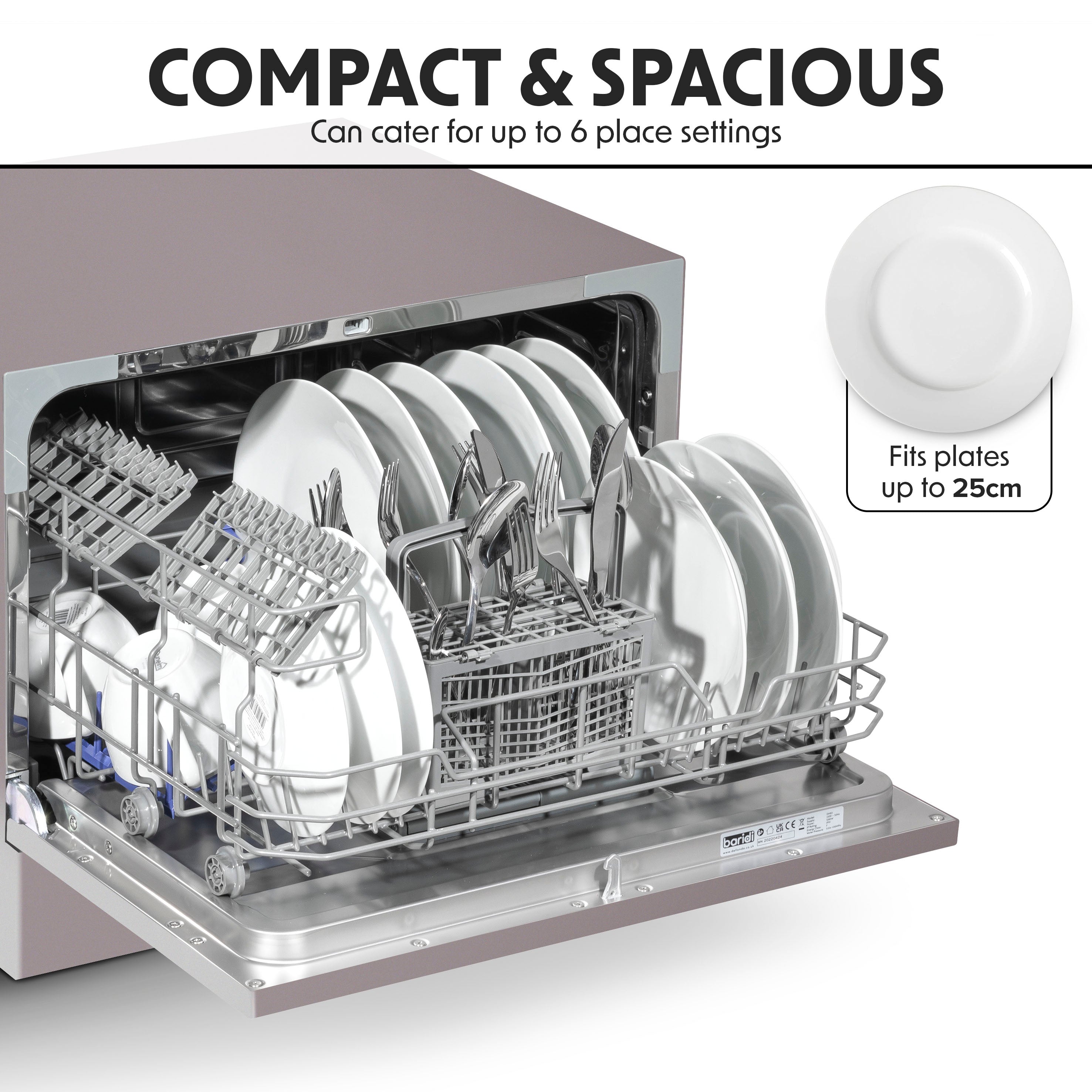 Baridi Compact Tabletop Dishwasher 6 Place Settings, 6 Programmes, Low Noise, 6.5L - Silver - DH84