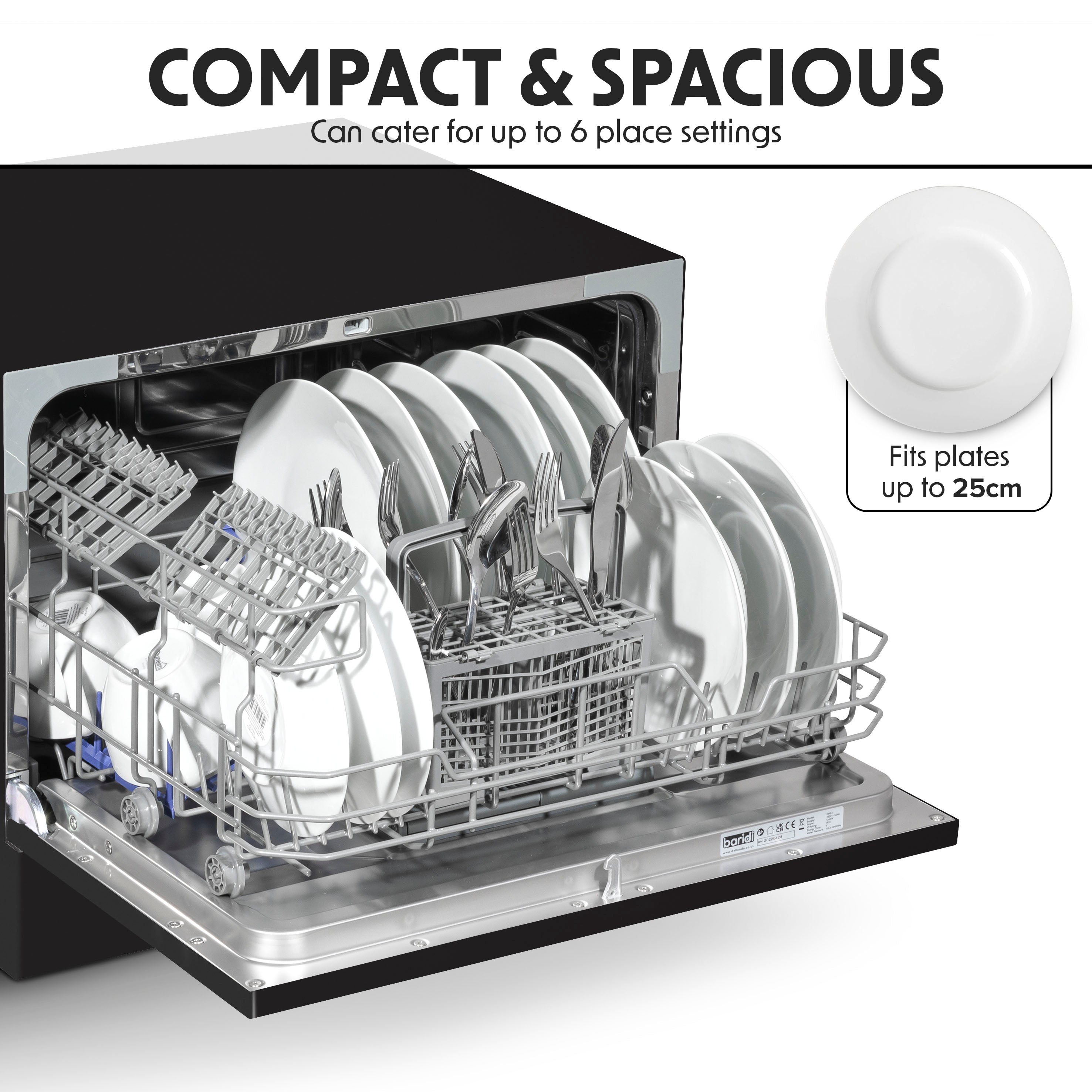 Baridi Compact Tabletop Dishwasher 6 Place Settings, 6 Programmes, Low Noise, 6.5L - Black - DH85