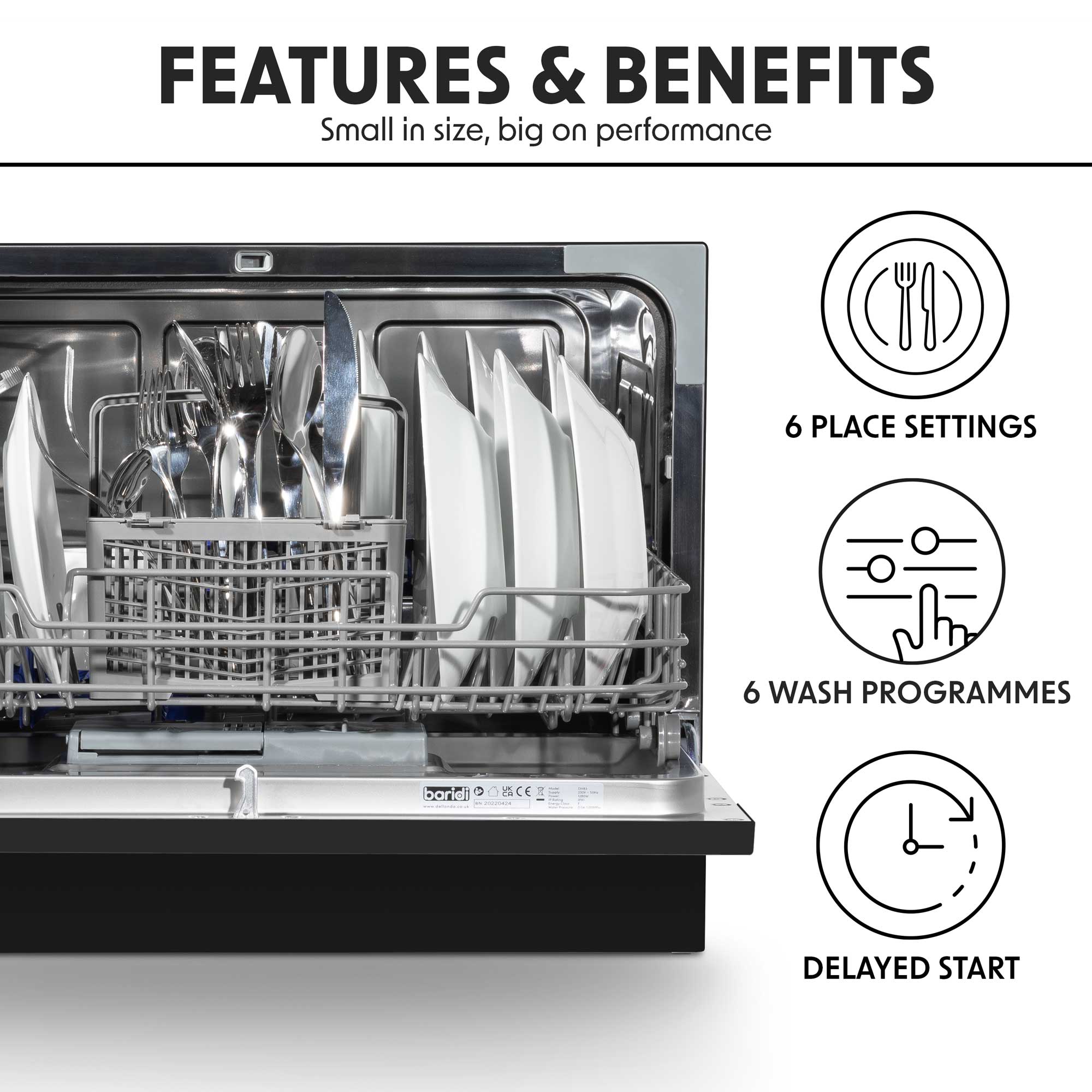 Baridi Compact Tabletop Dishwasher 6 Place Settings, 6 Programmes, Low Noise, 6.5L - Black - DH85