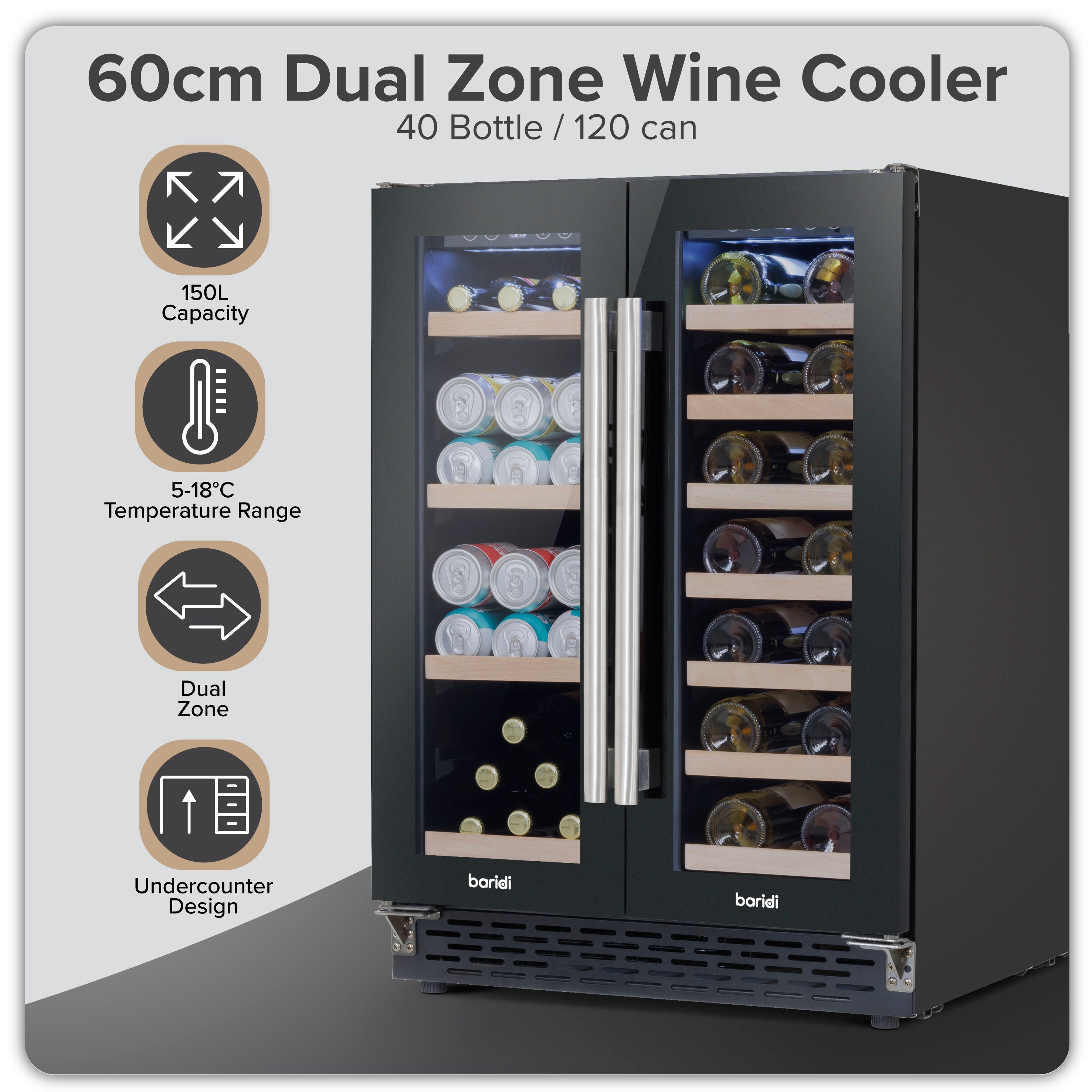 Baridi Dual Zone Wine Cooler and Drinks Fridge, 40 Bottle/120 Can, Under Counter/Freestanding - DH96