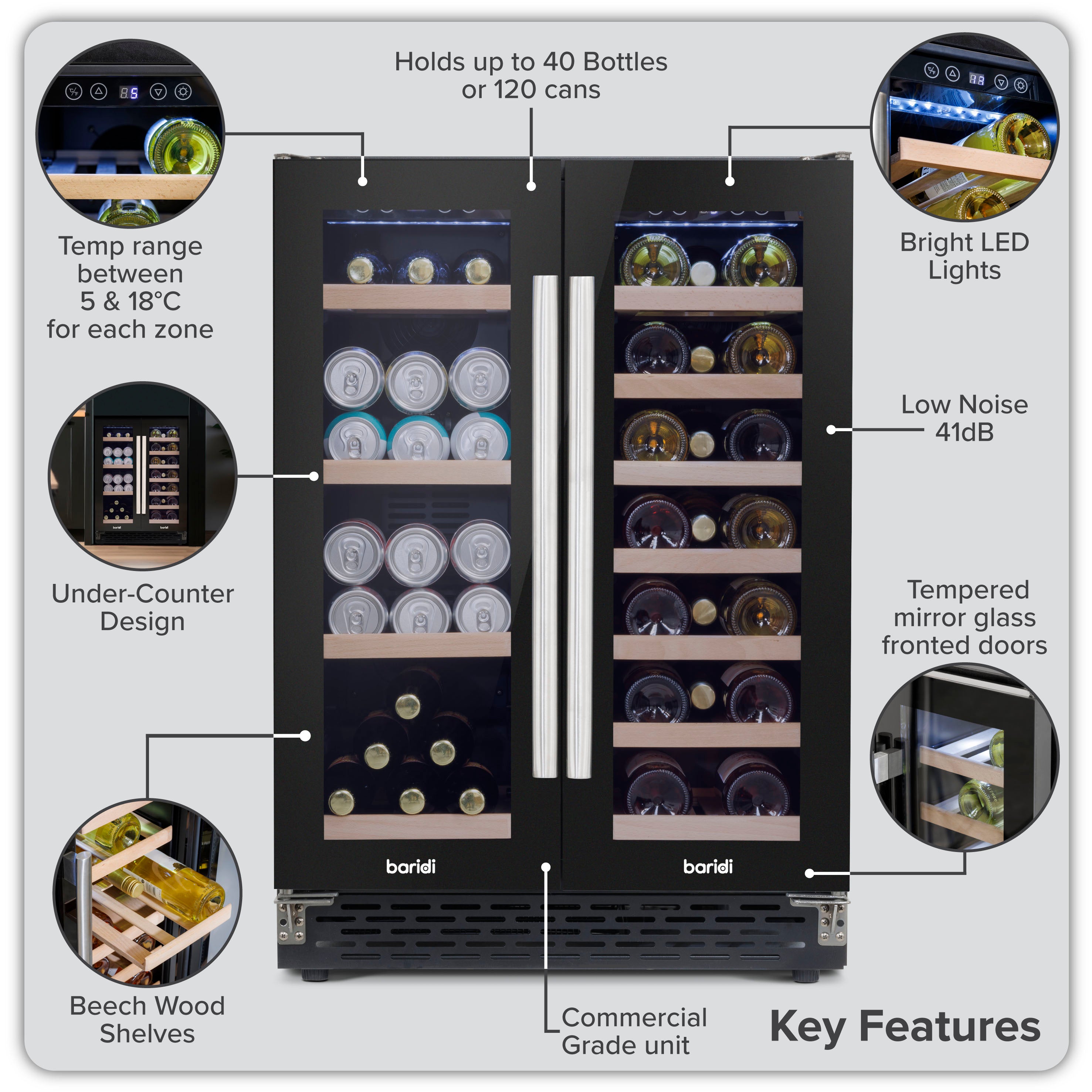 Baridi Dual Zone Wine Cooler and Drinks Fridge 40 Bottle/120 Can Under Counter/Freestanding - DH96