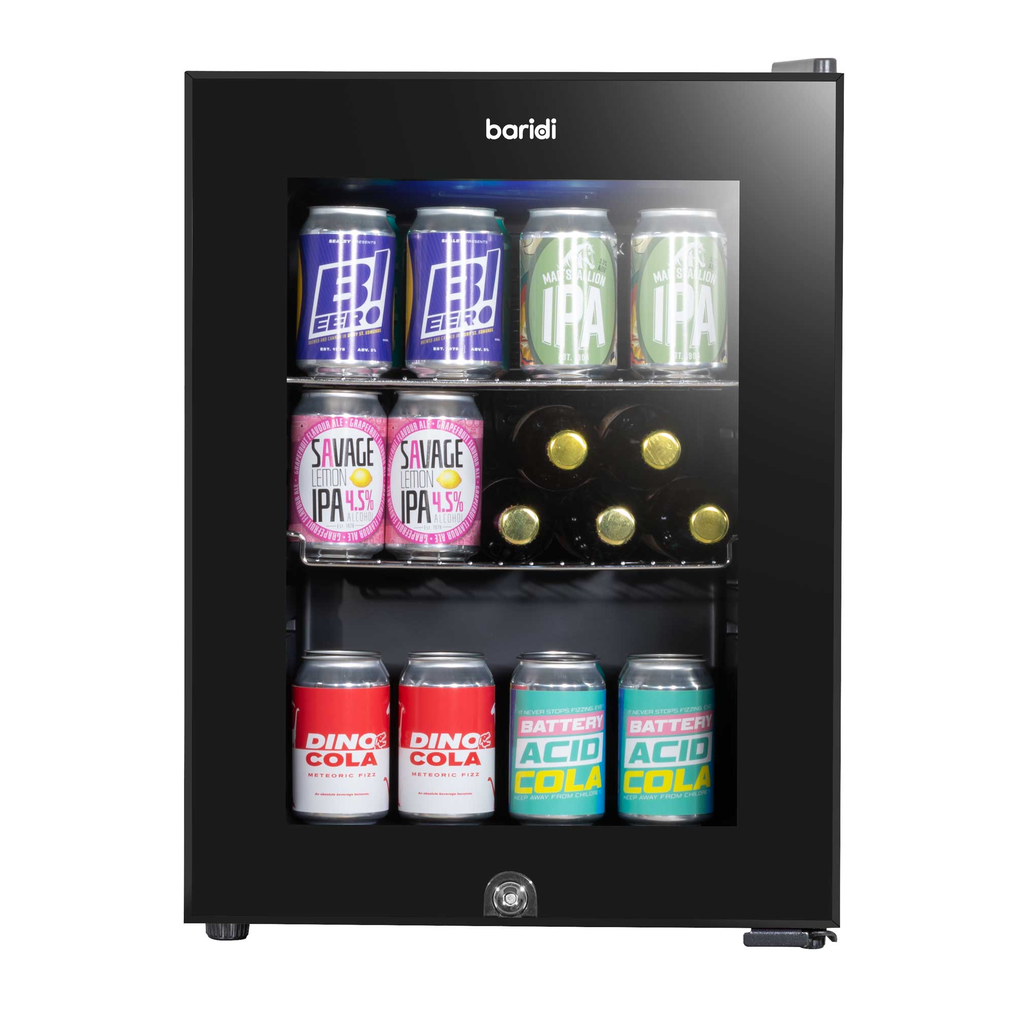 Baridi 40L Drinks Mini Fridge with LED Light, Black and Glass Door - DH98