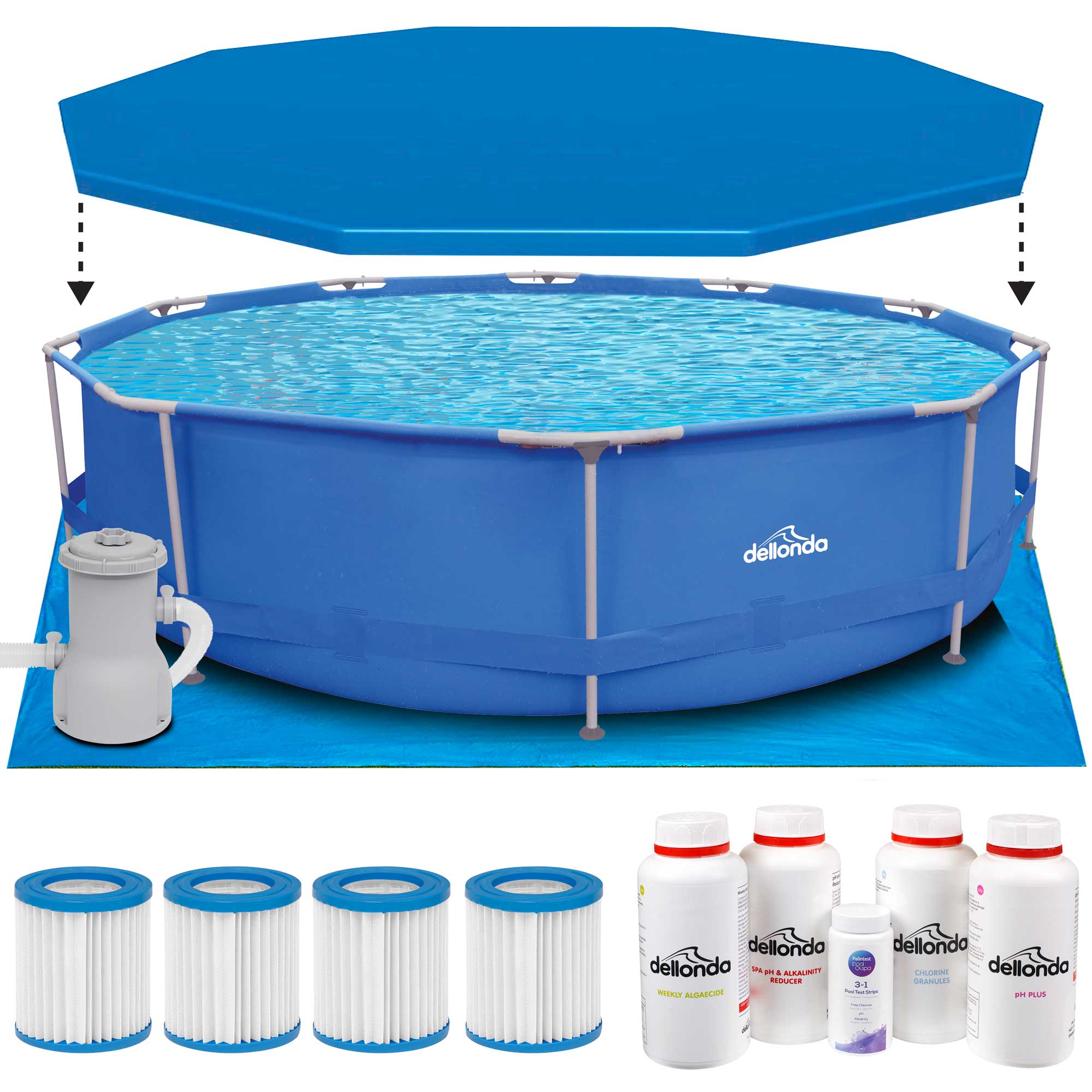 12ft Steel Frame Swimming Pool Round with Accessories, Blue - DL138