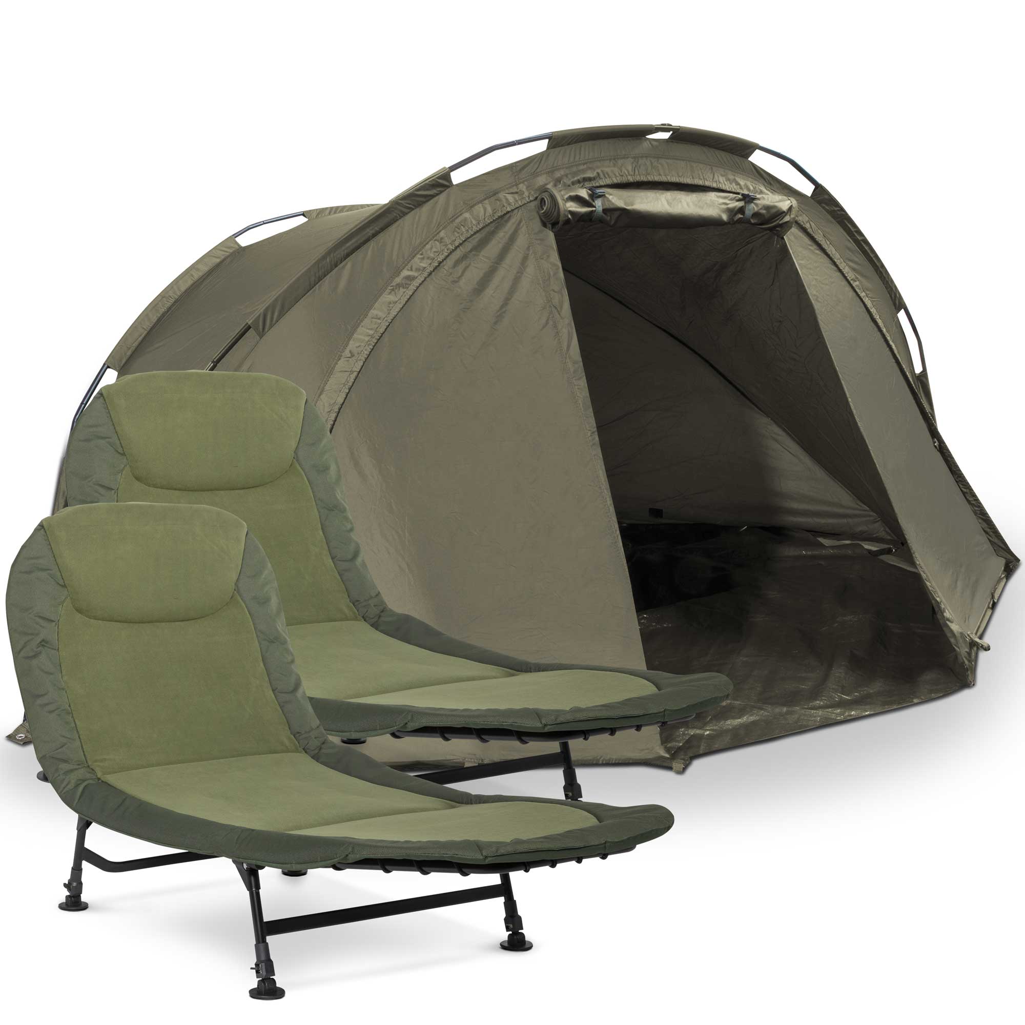 2-Man Fishing Bivvy/Carp Tent, Lightweight & Waterproof with Two Bedchairs - DL142