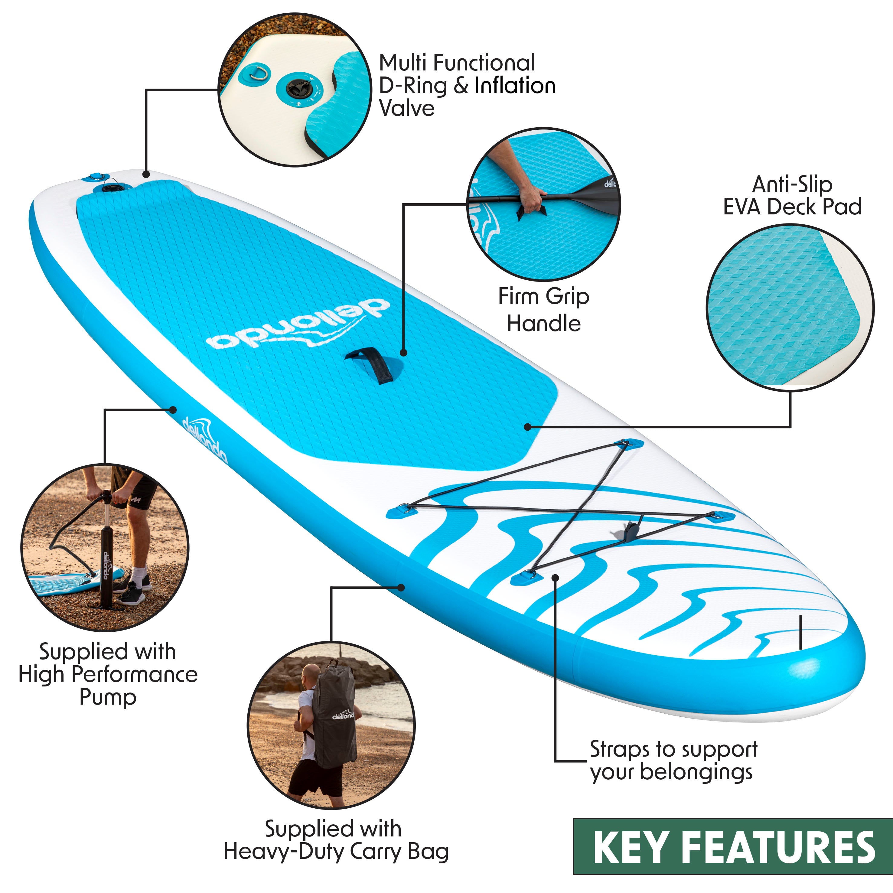 Inflatable Stand Up Paddle Board, SUP, Light Blue/White, 10'6", Leash, Pump, Carry Bag, DL152