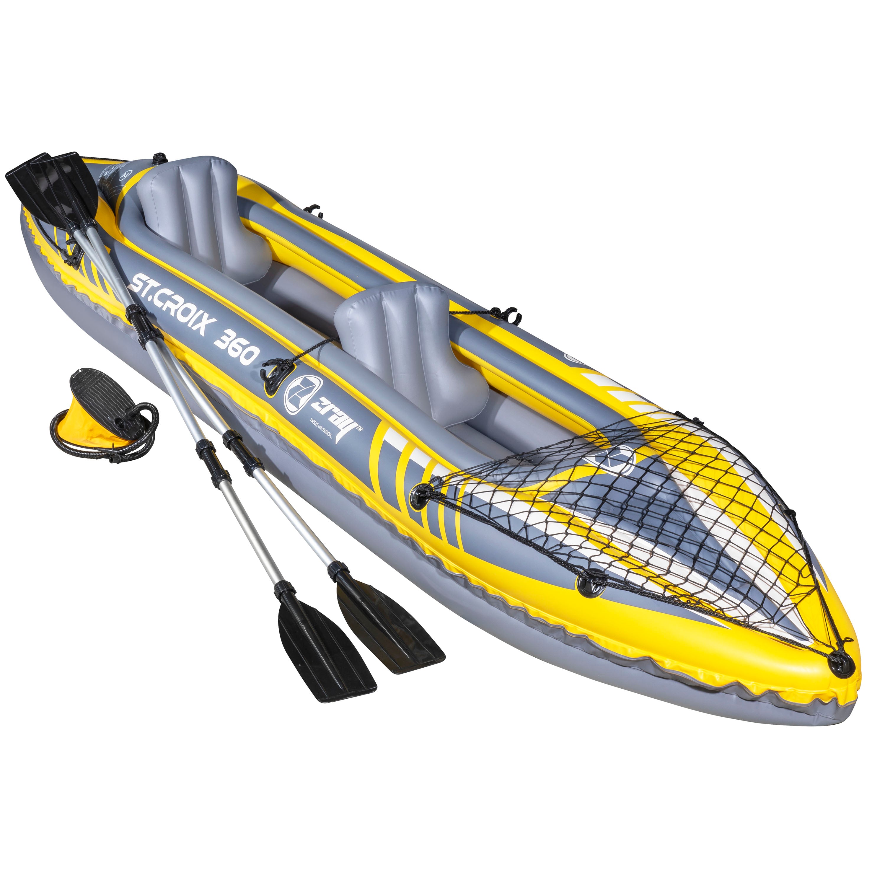 Inflatable Two Person Kayak/Canoe Set, Blue/Yellow/White, Pump, Carry Bag, 2 x Aluminium Paddles, DL155