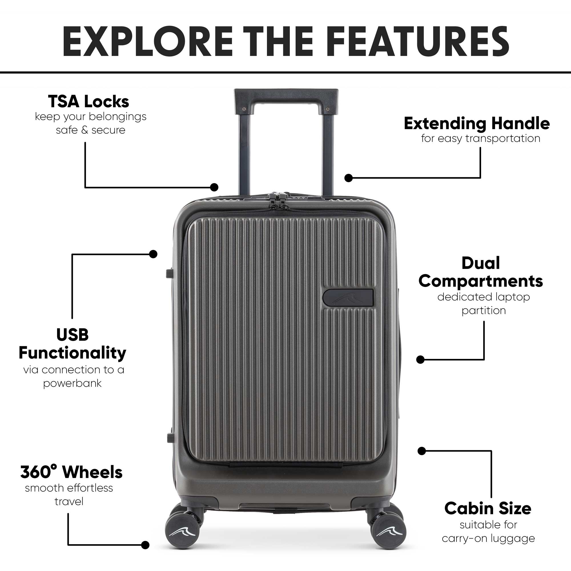 Dellonda 20" Cabin Size Luggage with Laptop Compartments, Dual TSA Lock, USB & 4 360° Wheels - DL157