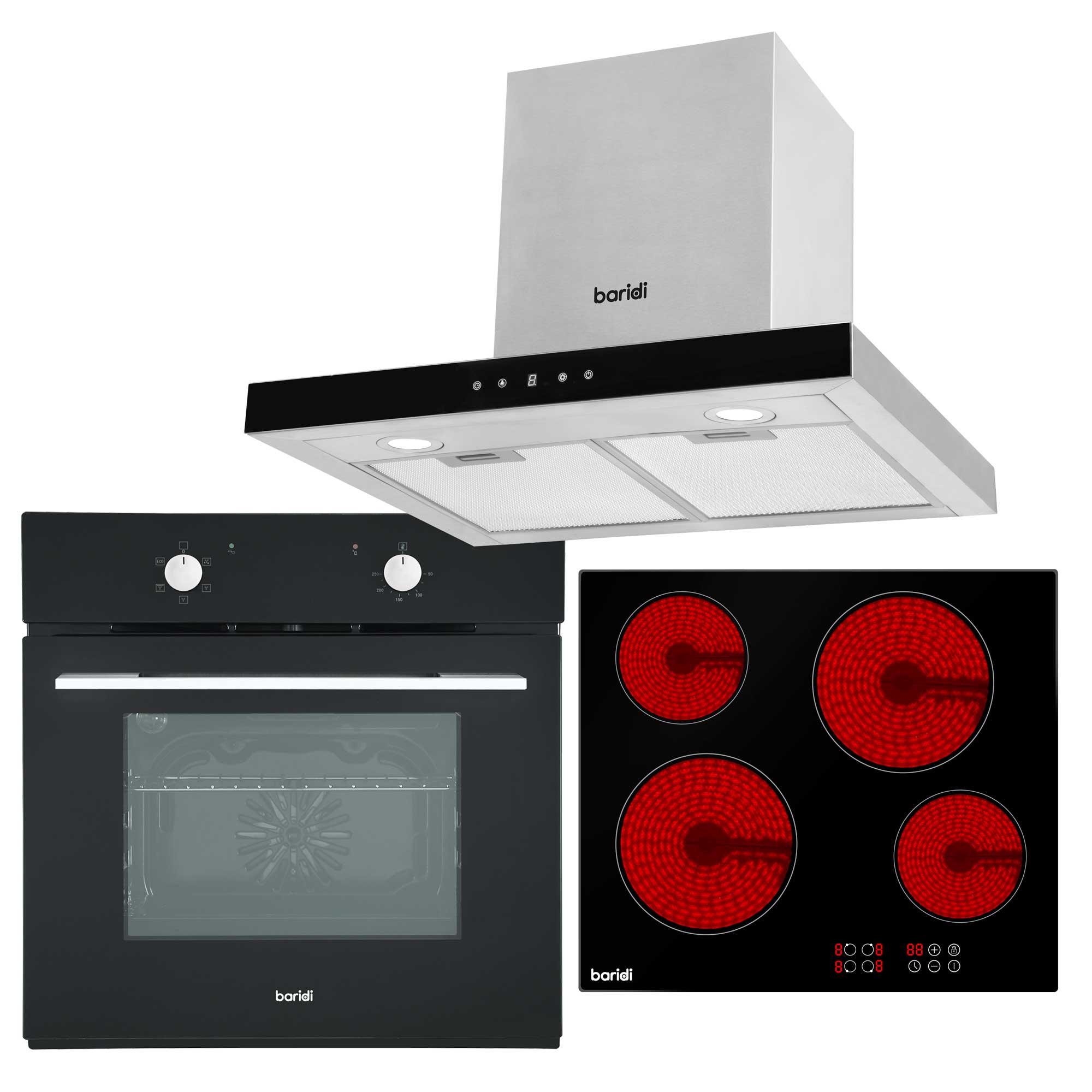 Baridi 4 Zone Ceramic Hob, 5 Function Fan-Assisted Oven & T Shape Linear Cooker Hood Bundle - DH184 - Dellonda