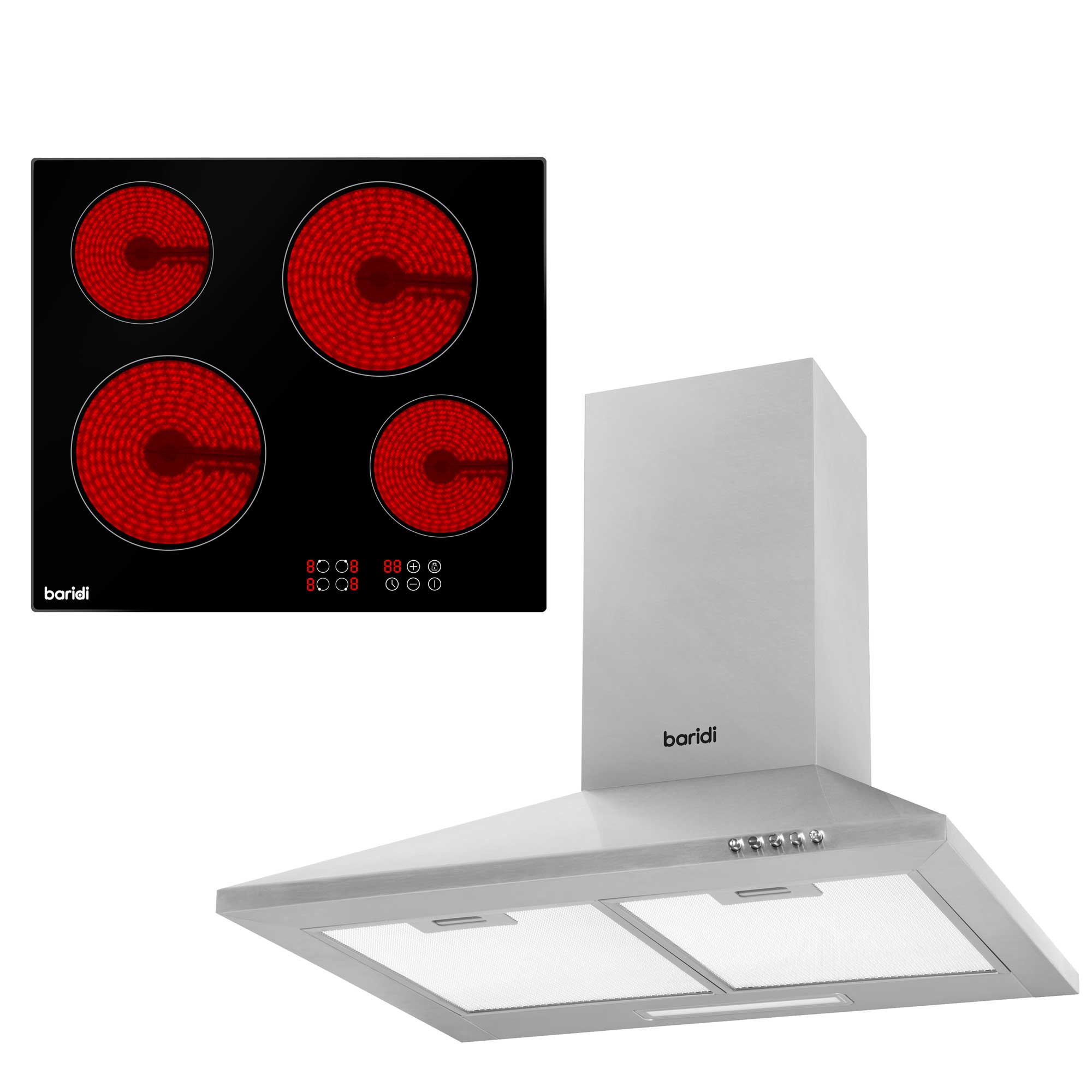 Baridi 4 Zone Ceramic Hob & Chimney Style Cooker Hood Bundle - DH181 - Dellonda