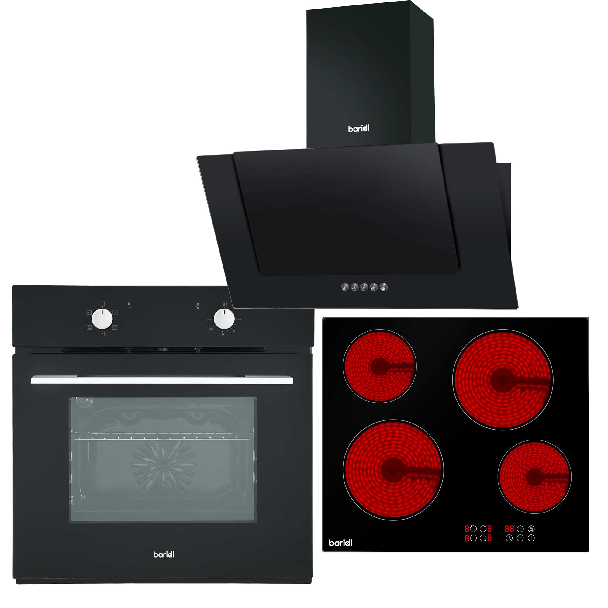 Baridi 4 Zone Ceramic Hob, 5 Function Fan-Assisted Oven & Angled Cooker Hood Bundle - DH186 - Dellonda