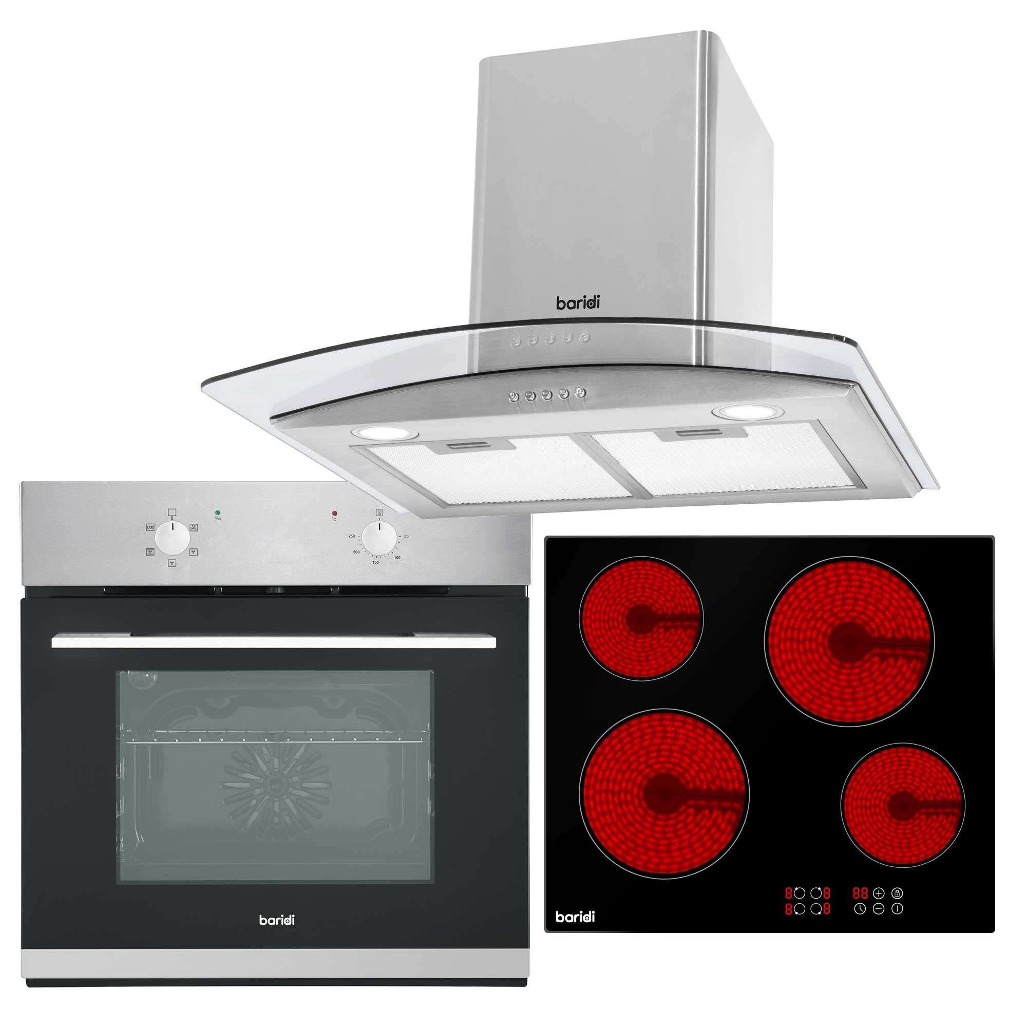 Baridi 4 Zone Ceramic Hob, 5 Function Fan-Assisted Oven & Curved Glass Cooker Hood Bundle - DH187 - Dellonda