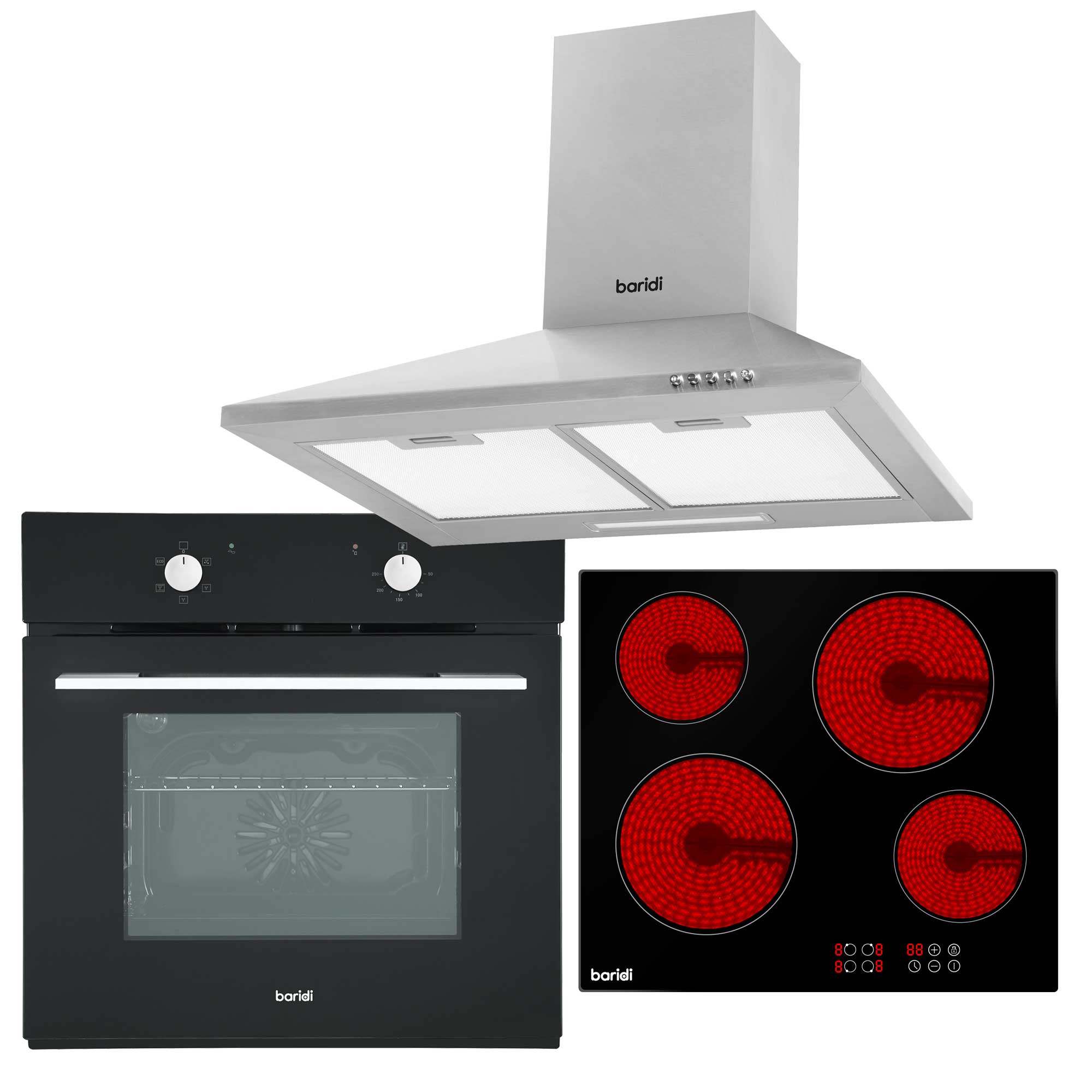 Baridi 4 Zone Ceramic Hob, 5 Function Fan-Assisted Oven & Chimney Style Cooker Hood Bundle - DH185 - Dellonda