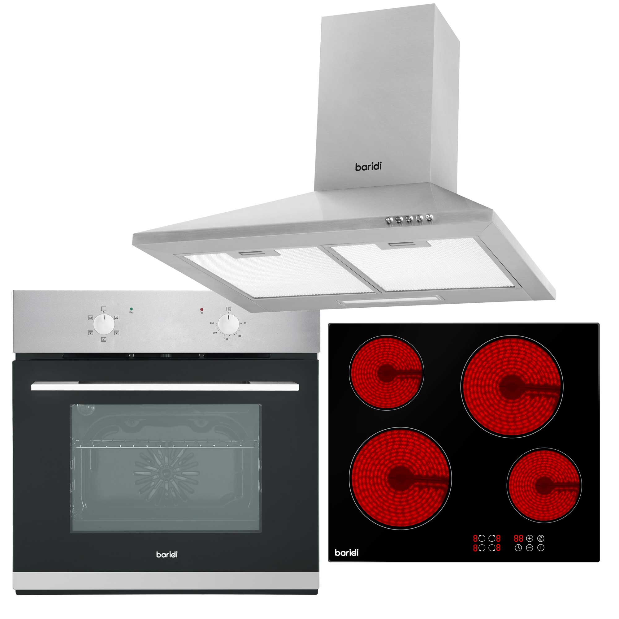 Baridi 4 Zone Ceramic Hob, 5 Function Fan-Assisted Oven & Chimney Style Cooker Hood Bundle - DH188 - Dellonda