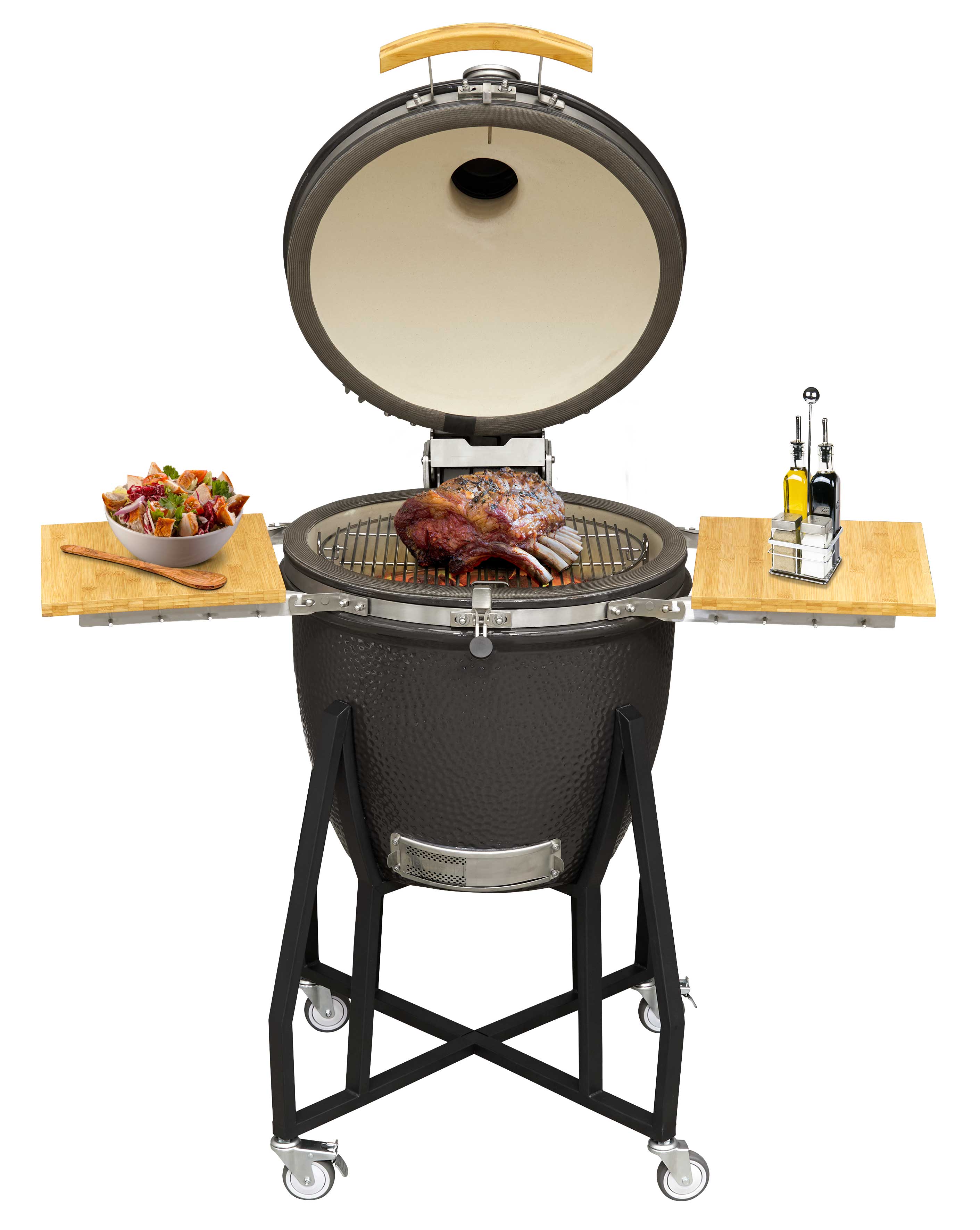 Deluxe Kamado Style BBQ Grill with Stand, Castor Wheels & Accessories, Ceramic 22"(56cm) - DG236 - Dellonda