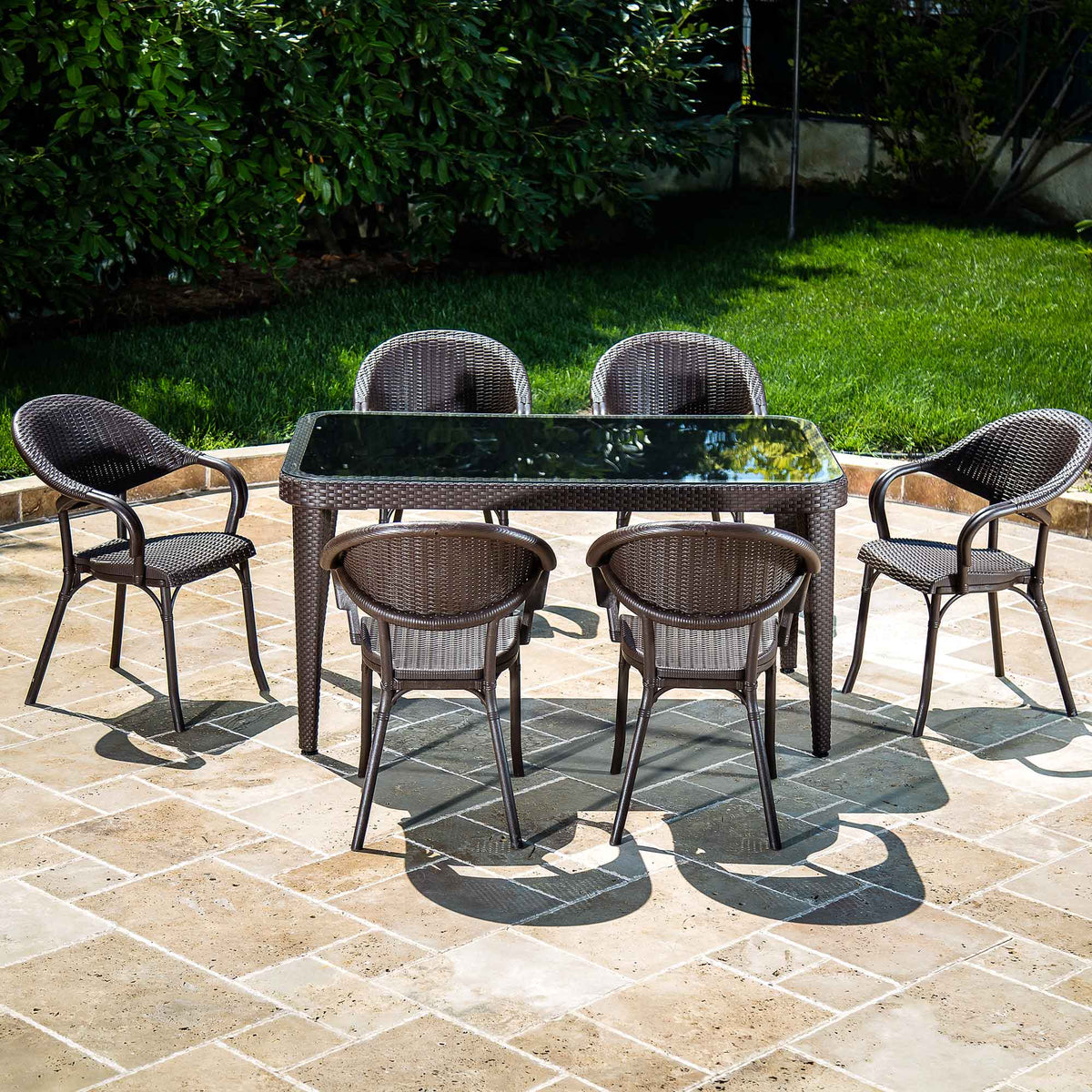 7 Piece Dining Set with Weather Resistant PP/Fibreglass, Glass Top
