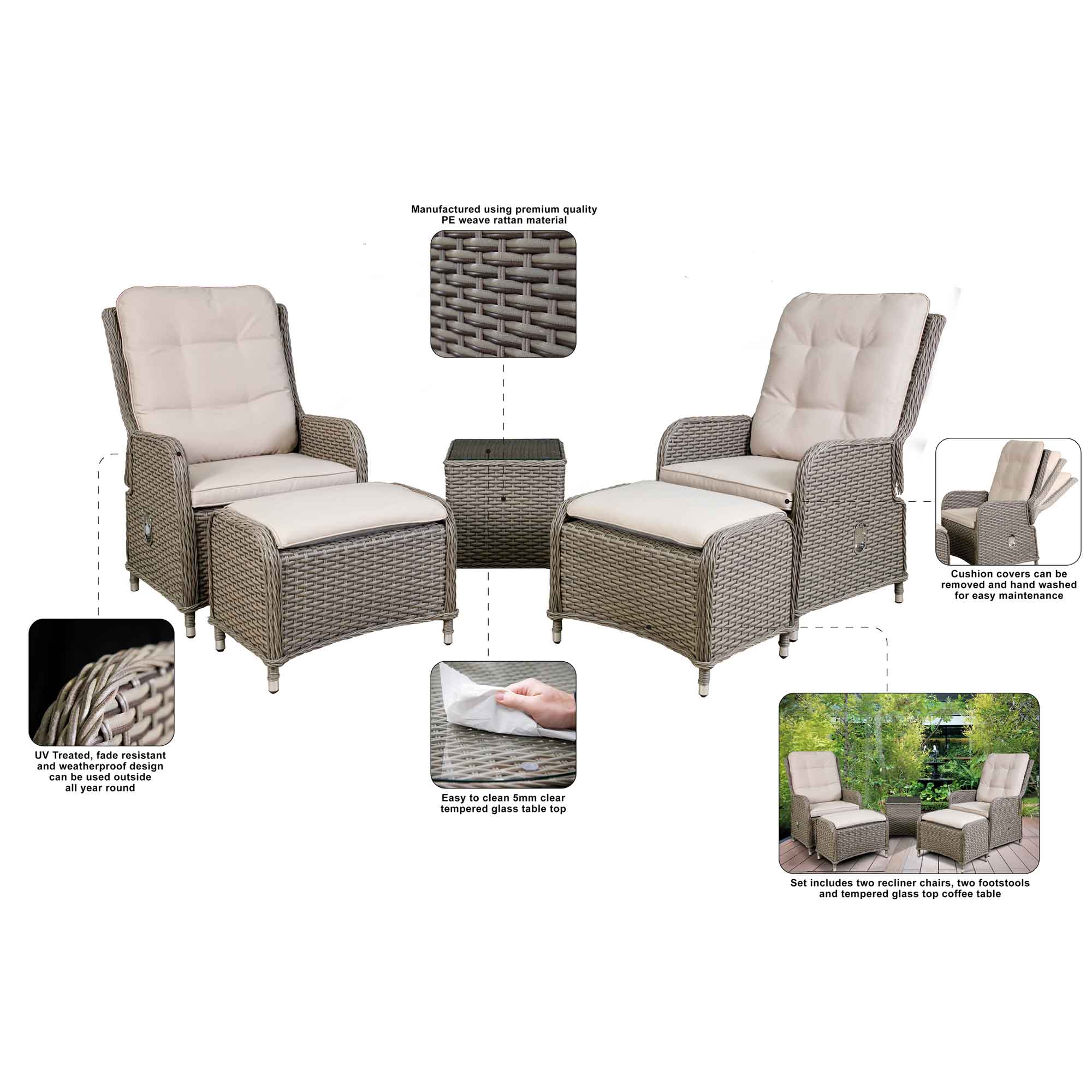 Chester Rattan Wicker Outdoor Recliner Seat & Coffee Table Set - DG68 - Dellonda