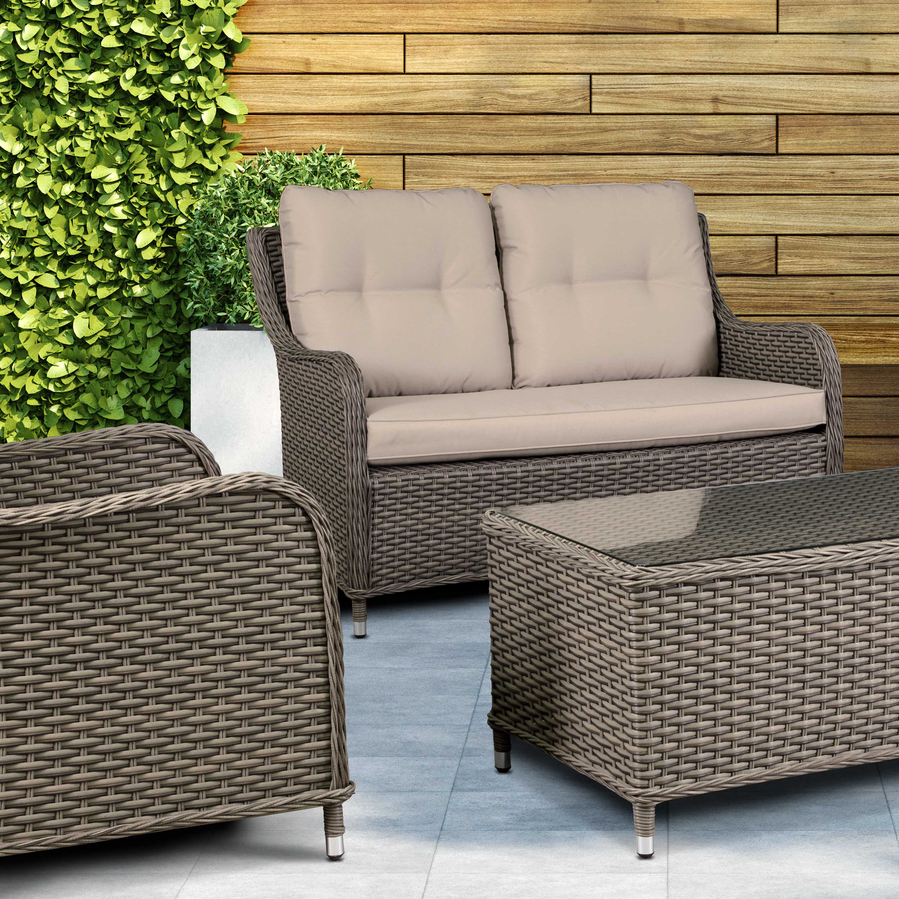 Chester 4 Piece Outdoor Rattan Lounge Set with Double Seater Sofa, Brown - DG87