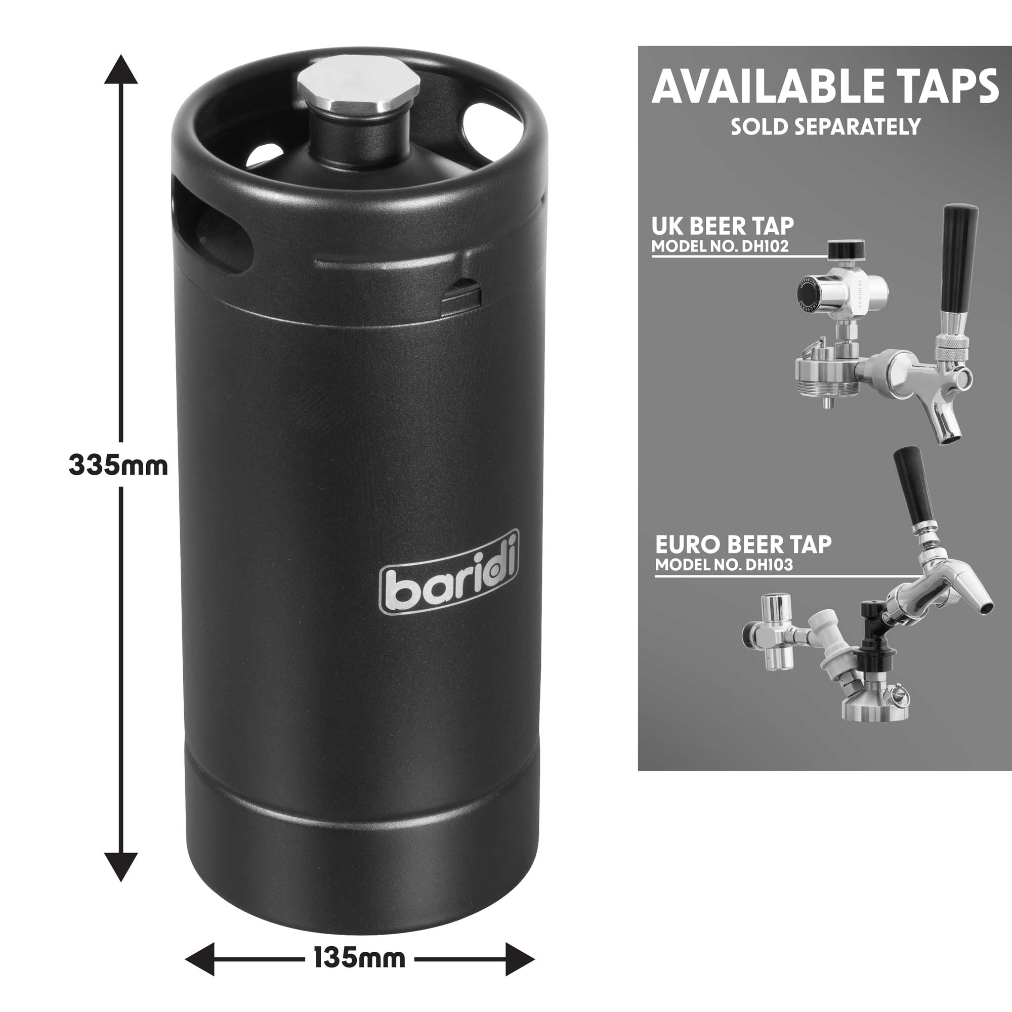 Baridi Stainless Steel Growler Keg 3.78L, Matte Black suitable for Soft Drinks and Beer- DH101 - Dellonda