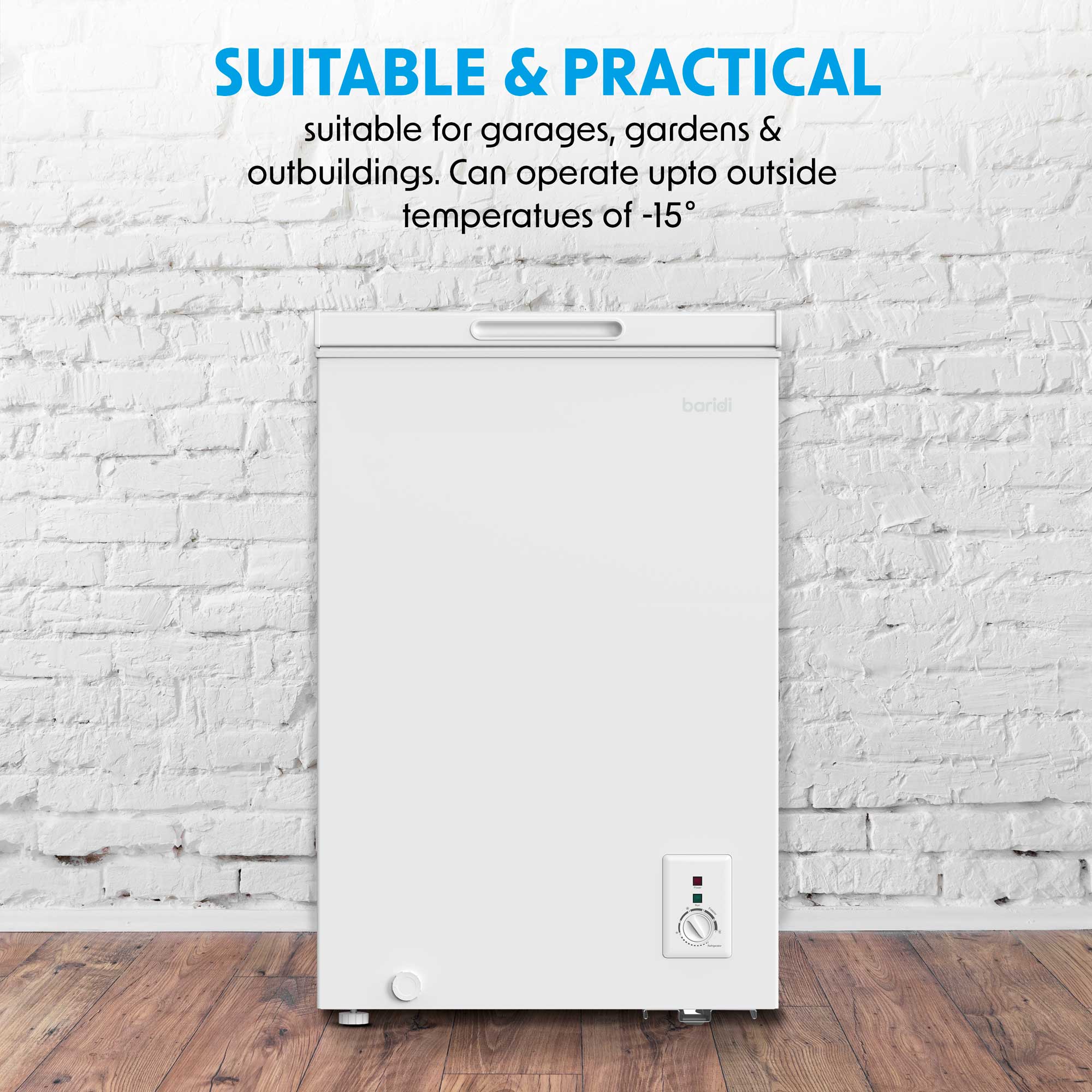 Baridi Freestanding Chest Freezer, 99L, Garage and Outbuilding Safe, Adj. Thermostat, White - DH116