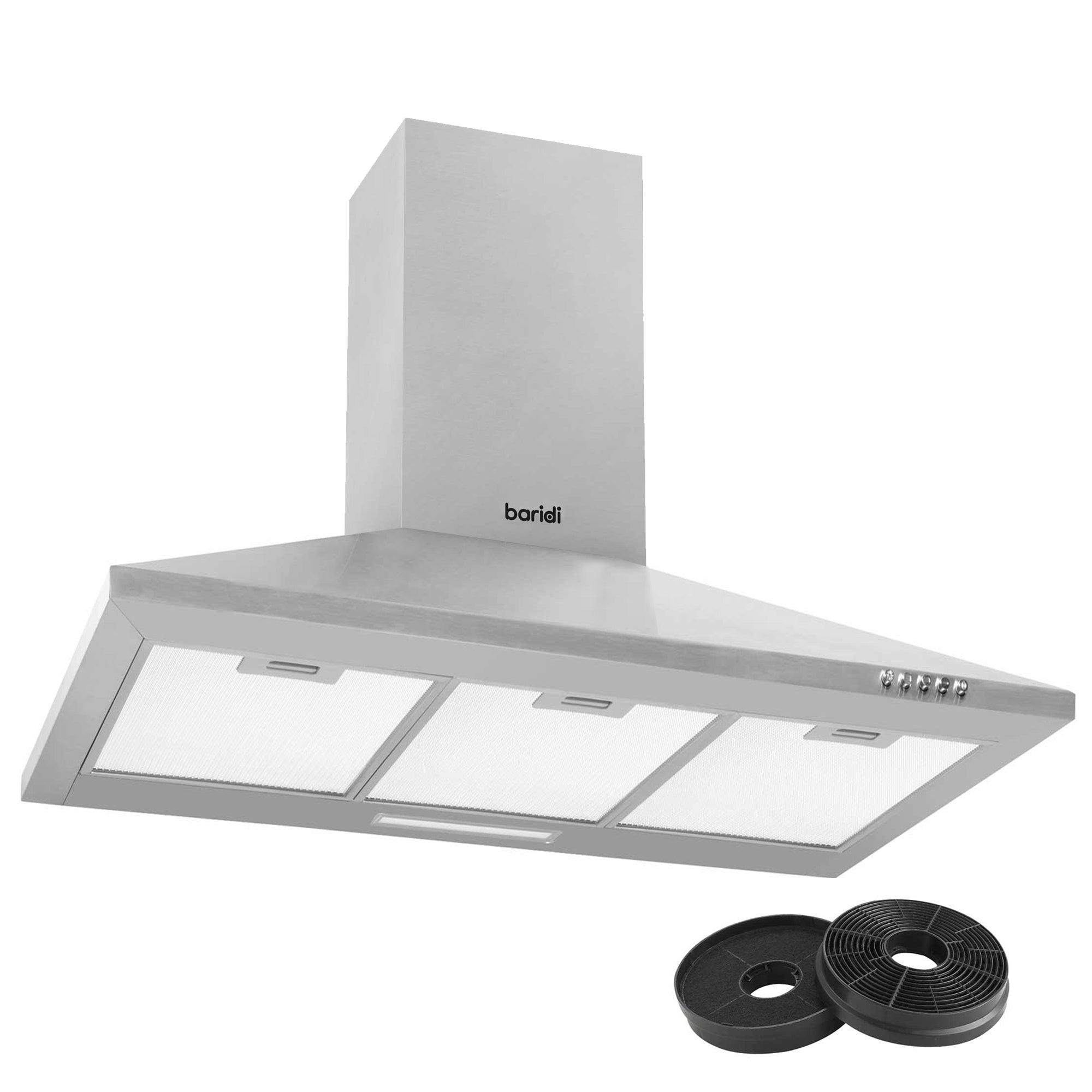 Baridi 90cm Chimney Style Cooker Hood with Carbon Filters & Matching Splashback, Stainless Steel - DH211