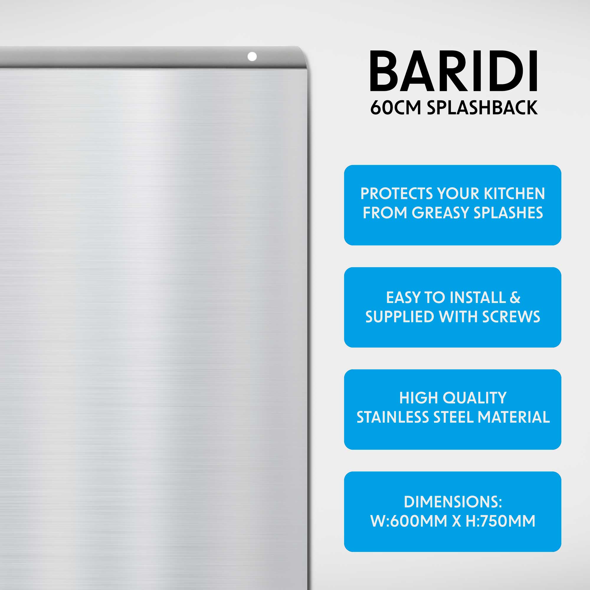 Baridi 60cm Chimney Style Cooker Hood with Carbon Filters & Splashback, Stainless Steel - DH207