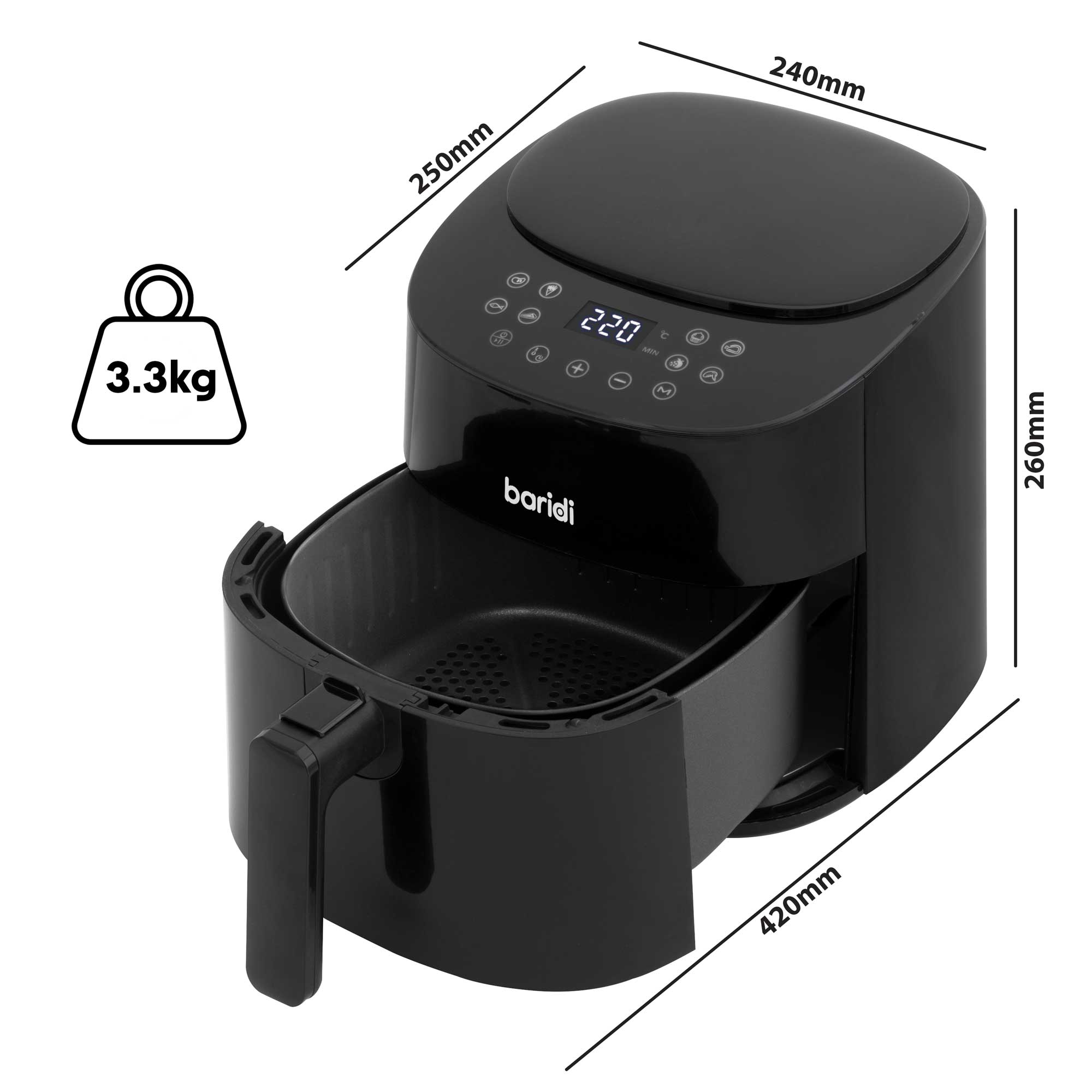 Baridi 3.5L Low Fat Air Fryer with Digital Rapid Air Oil Free Circulation, 1300W, 8 Presets - DH60