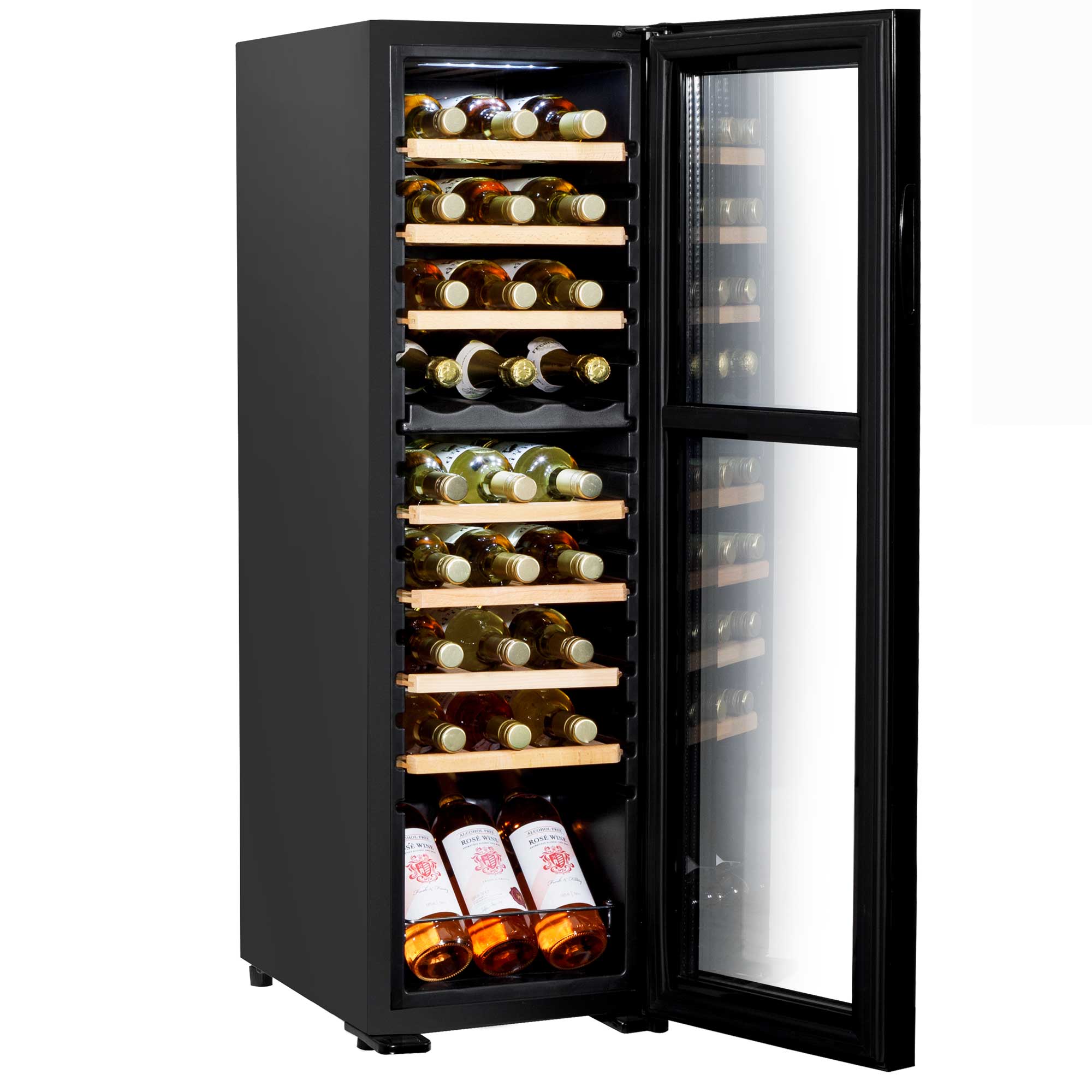 Baridi 27 Bottle Dual Zone Wine Cooler, Fridge, Touch Screen Controls, Wooden Shelves, LED - Black - DH90 - Dellonda