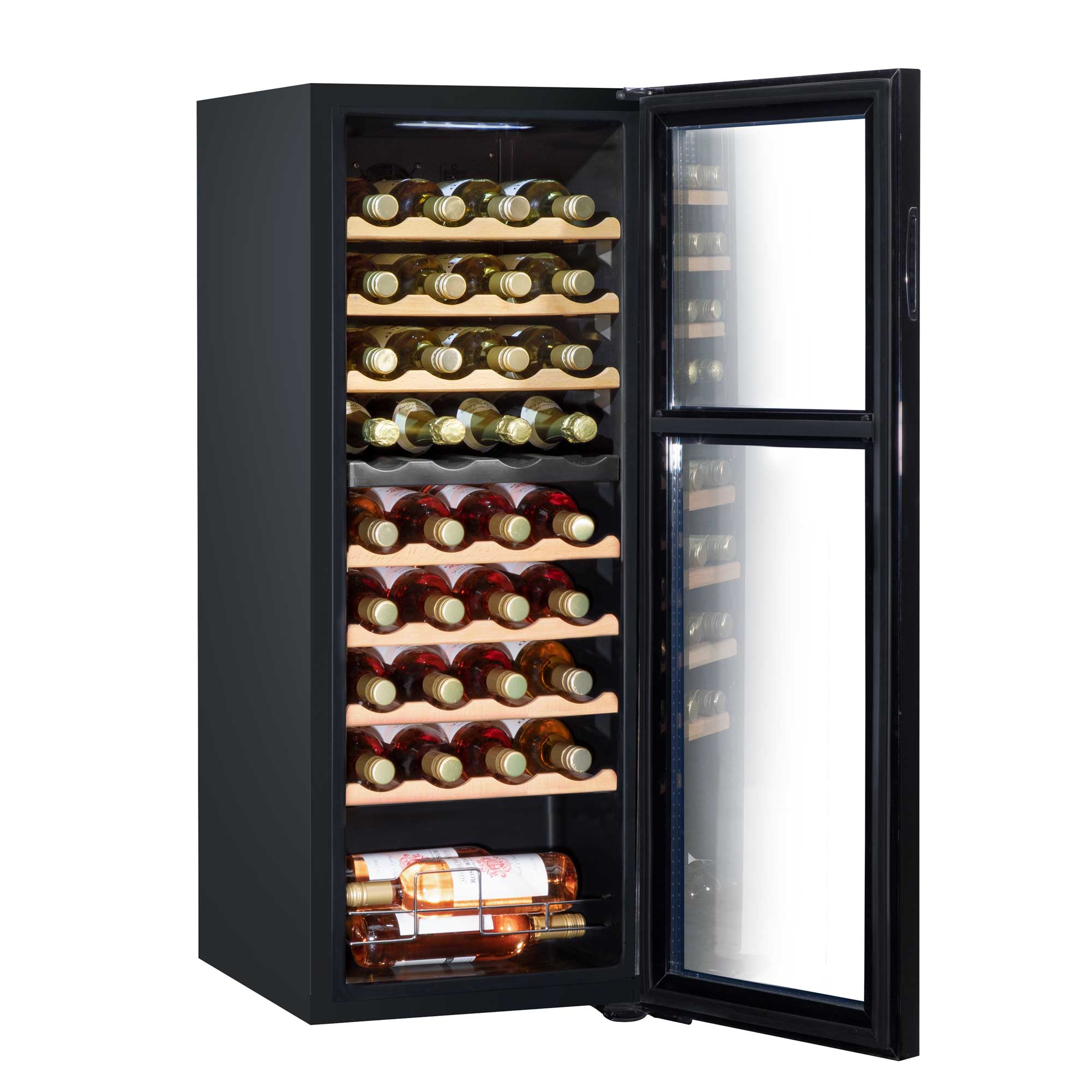 Baridi 36 Bottle Dual Zone Wine Cooler, Fridge, Touch Screen Controls, Wooden Shelves, LED - Black - DH91 - Dellonda