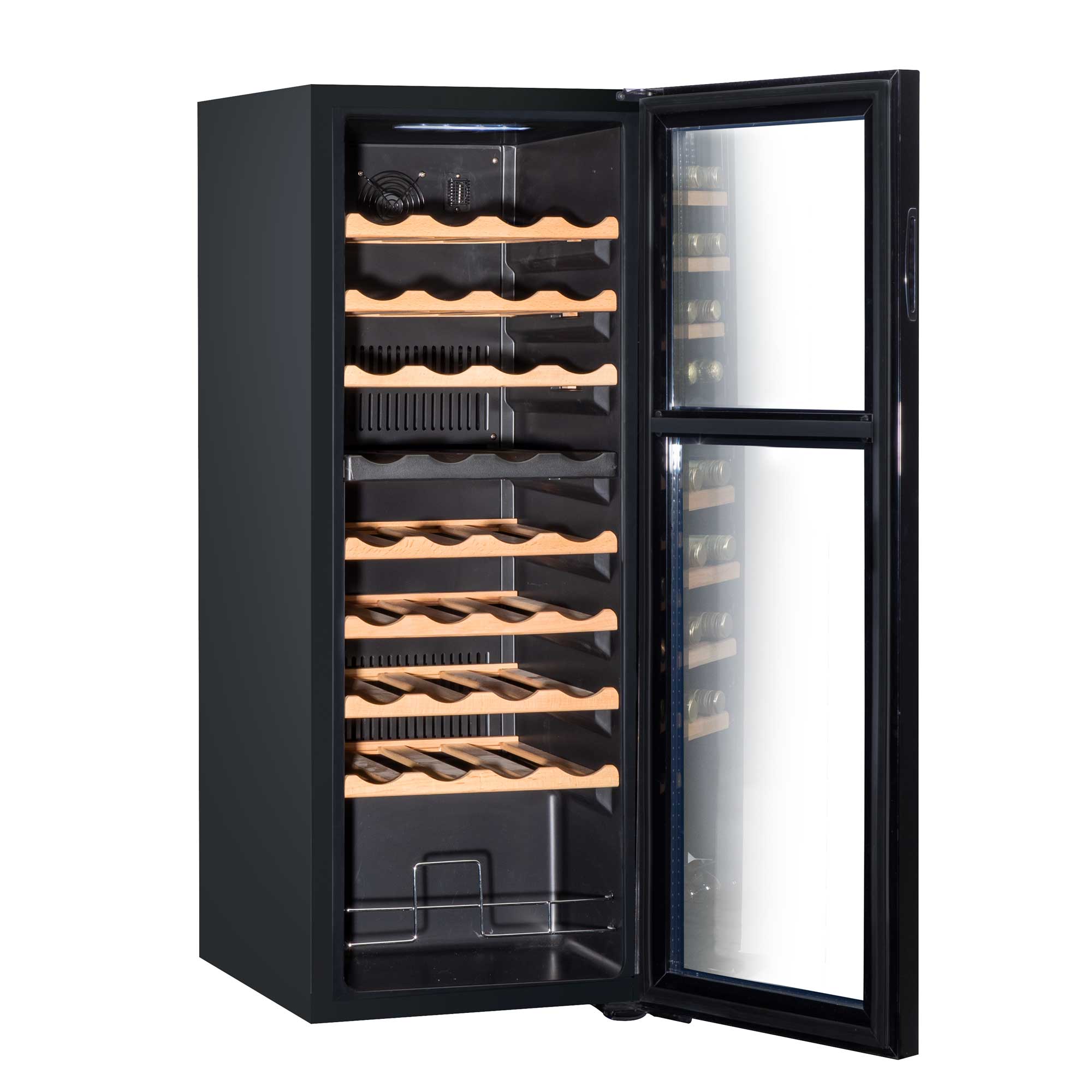 Baridi 36 Bottle Dual Zone Wine Cooler, Fridge, Touch Screen Controls, Wooden Shelves, LED - Black - DH91 - Dellonda